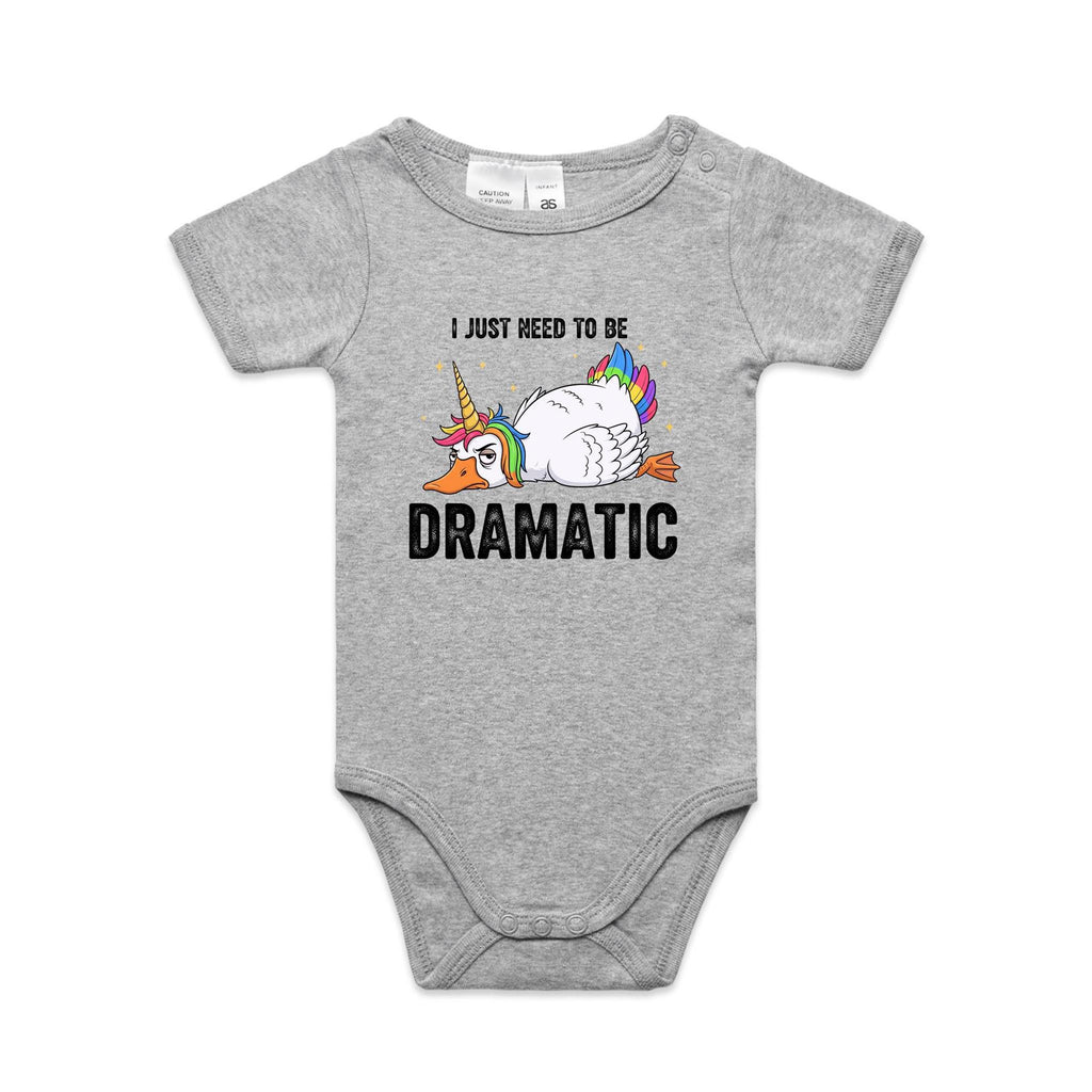 Dramatic Unicorn Goose AS Colour Baby Bodysuit Grey Marle Baby Bodysuit animal Printed In Australia