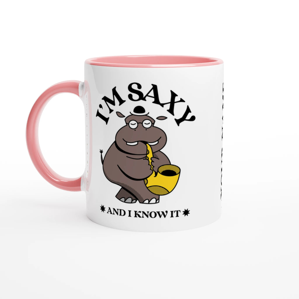 Personalised - I'm Saxy And I Know It, Saxophone Hippo - White 11oz Ceramic Mug with Colour Inside Ceramic Pink Personalised 11oz Mug animal customise Globally Fulfilled Music personalise