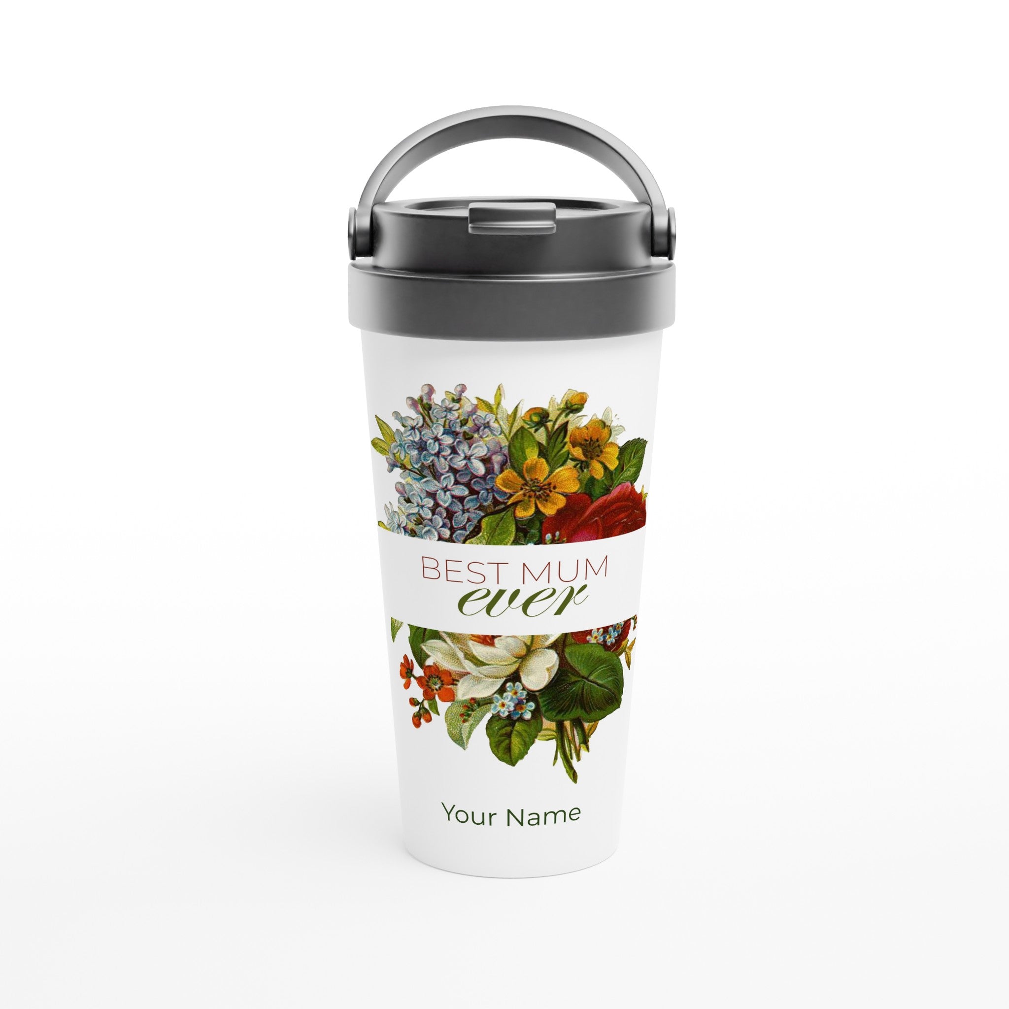 Personalised - Best Mum Ever, Flowers - White 15oz Stainless Steel Travel Mug Default Title Personalised Travel Mug Globally Fulfilled Mum Plants