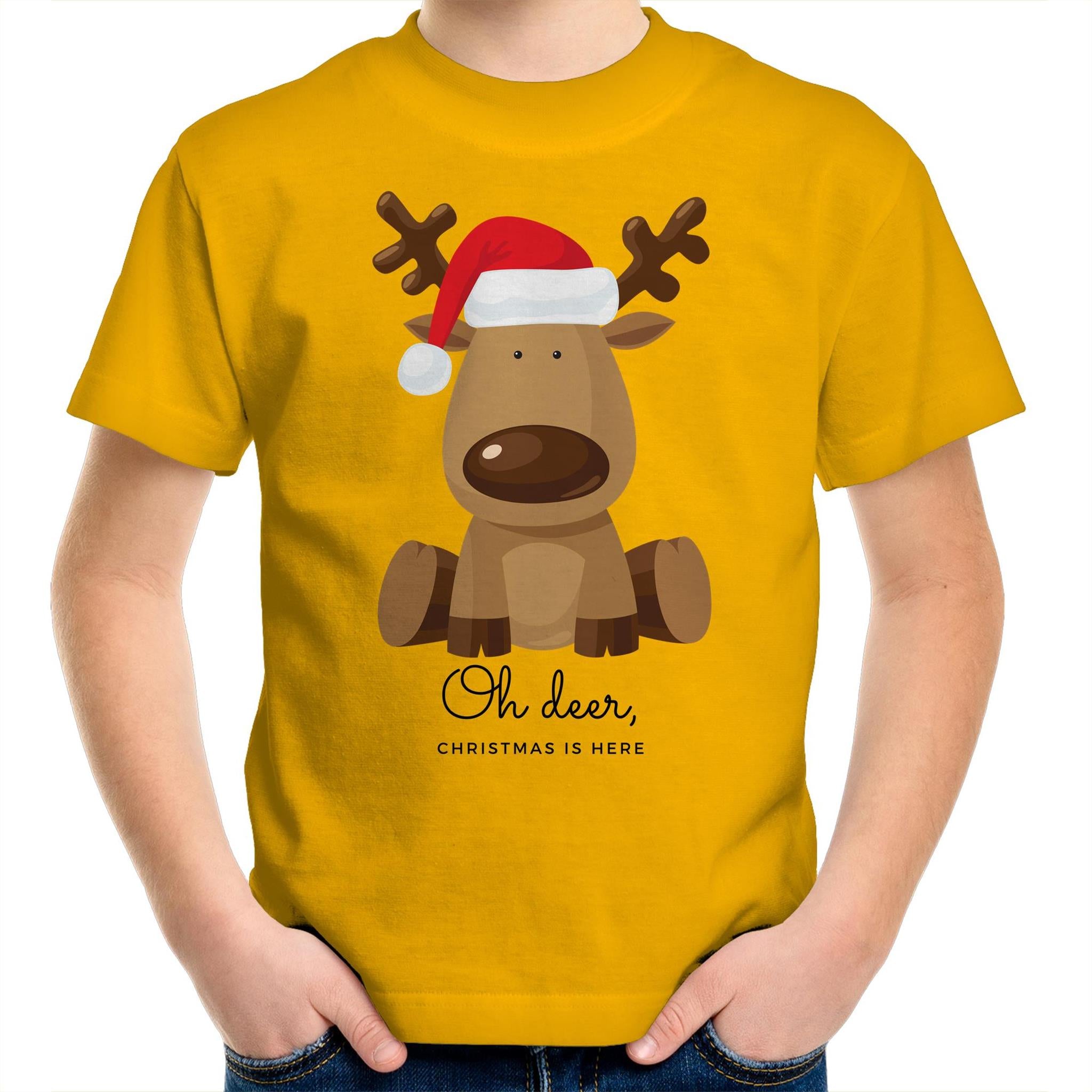 Oh Deer Christmas Is Here, Reindeer - Kids Youth T-Shirt Gold Kids Christmas T-shirt Christmas Printed In Australia