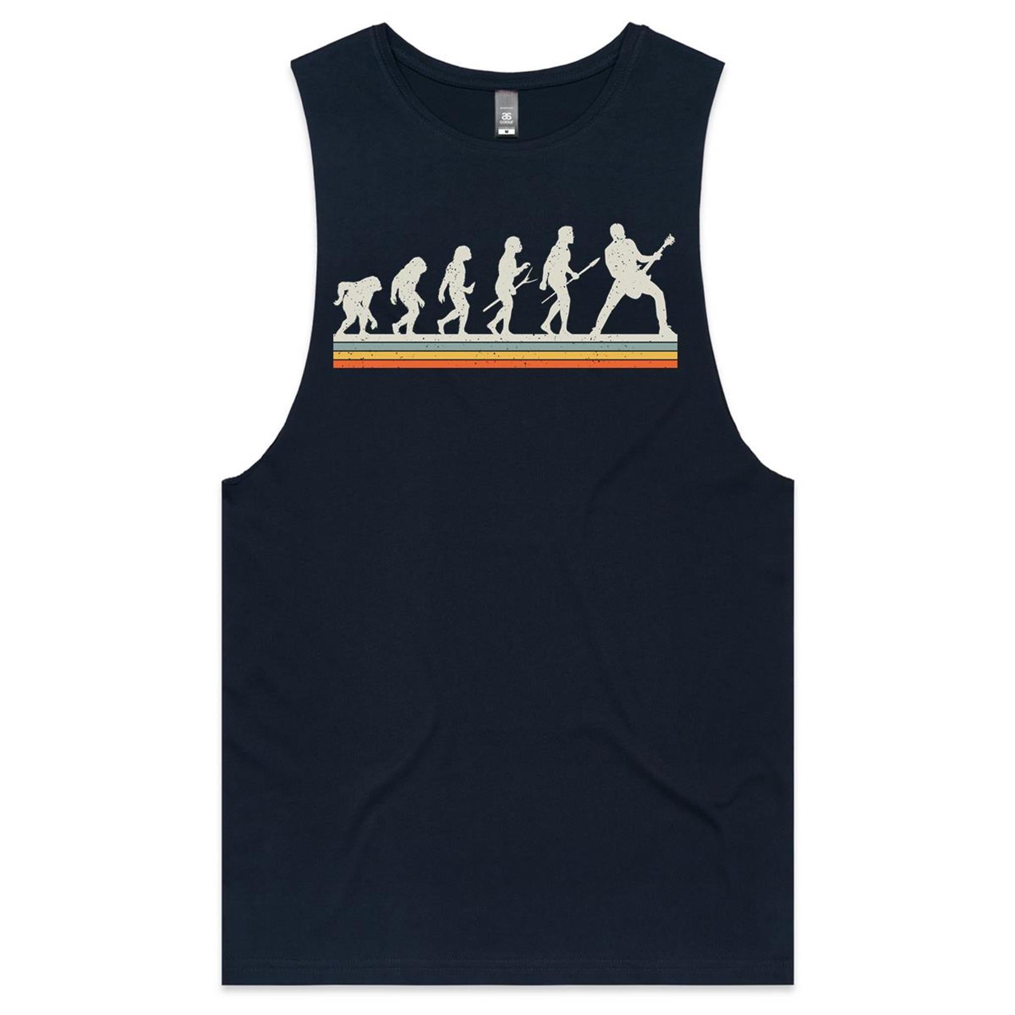 Guitarist Evolution - Mens Tank Top Tee Navy Drop Arm Tank Top Music Printed In Australia