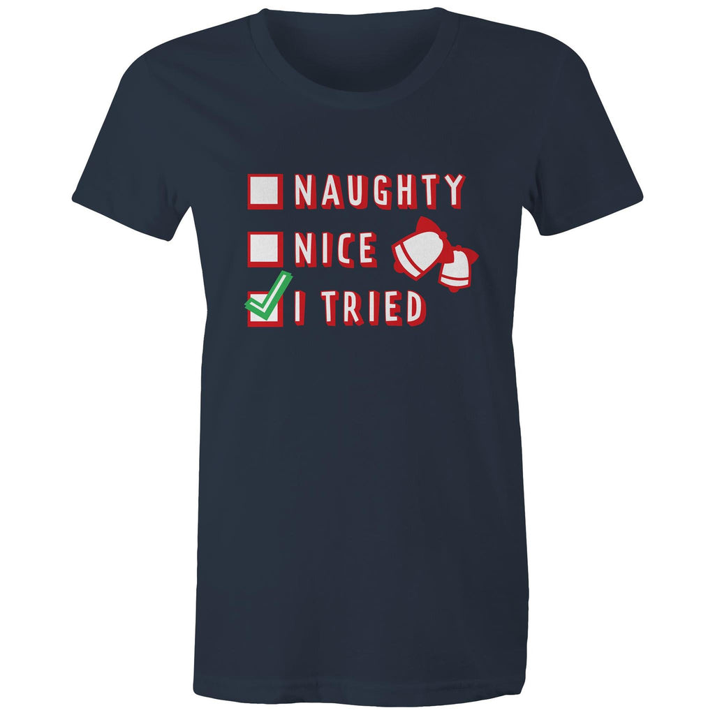 Naughty, Nice, I Tried, Santa's Christmas List - Womens T-shirt Navy Womens Christmas T-shirt Christmas Printed In Australia