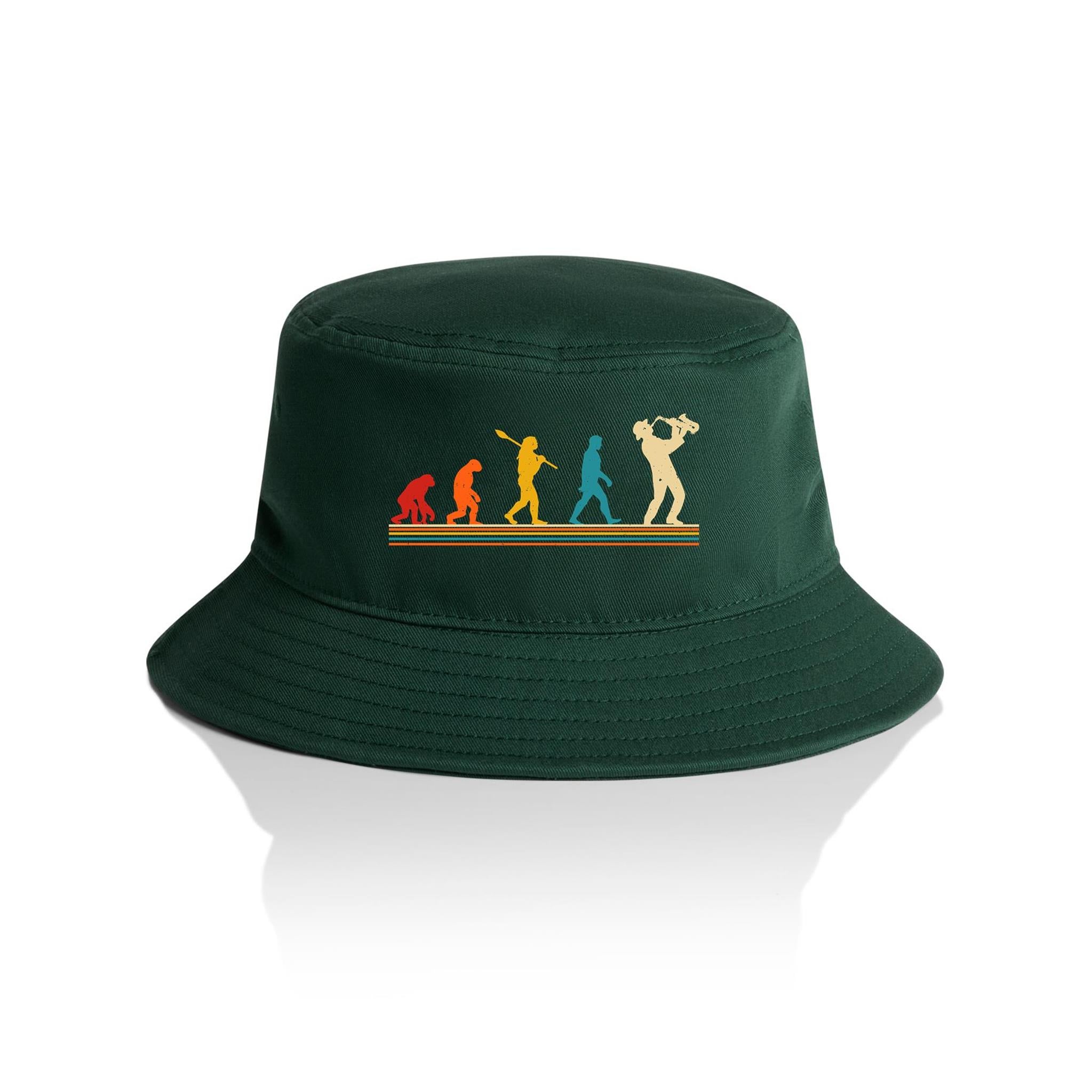 Evolution Of A Saxophone Player - AS Colour Bucket Hat Forest Green One Size As Colour Bucket Hat Music Printed In Australia