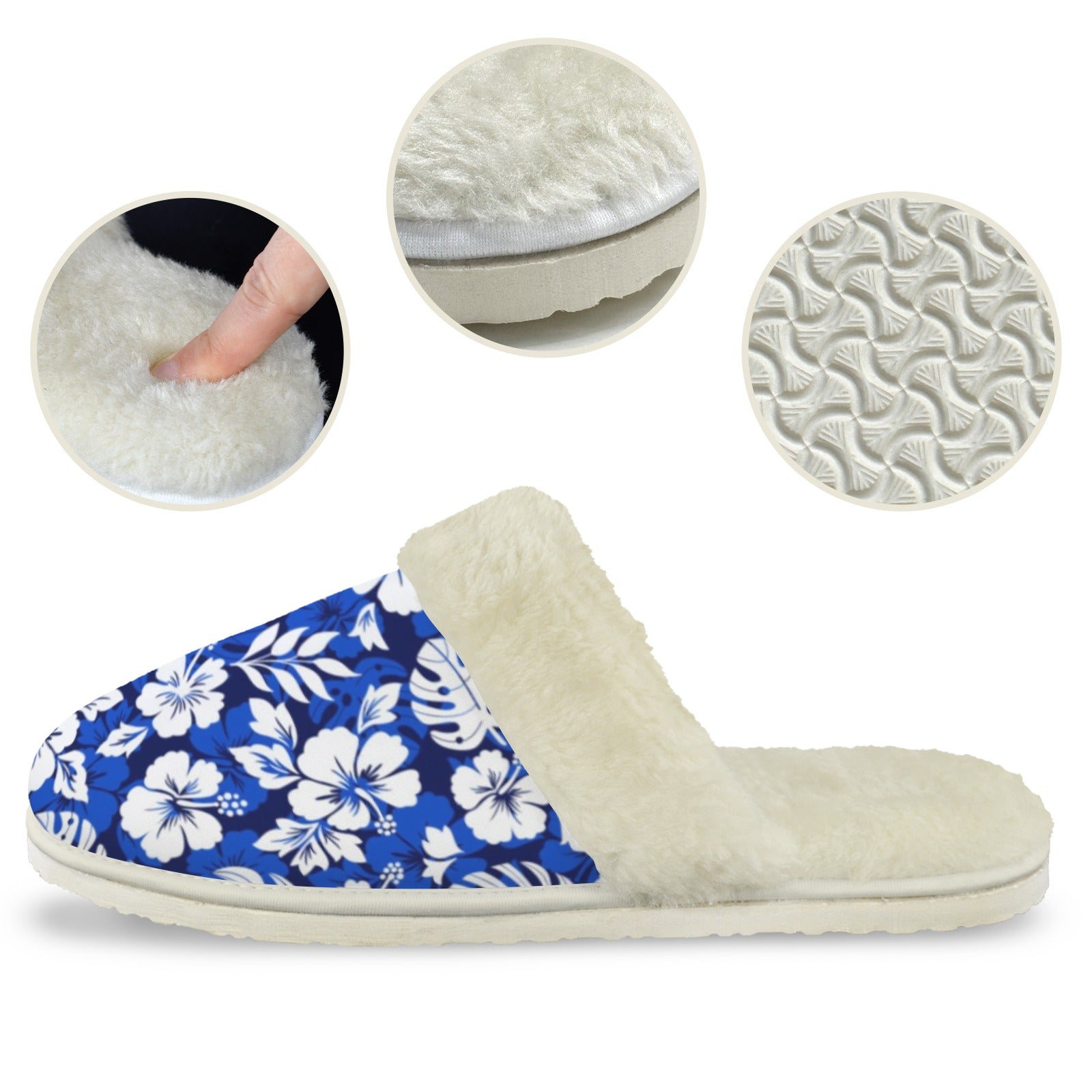 Blue Hawaiian Floral - Men's Fur Trim Thick-Sole Indoor Slippers Men's Fur Trimmed Slippers Plants Printed Offshore