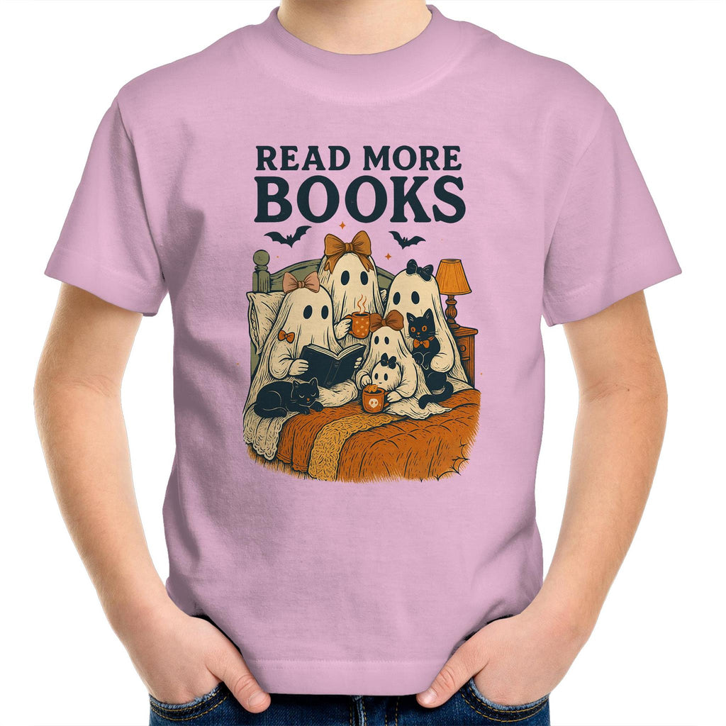 Read More Books, Halloween Ghosts - Kids Youth T-Shirt Pink Kids Youth T-shirt Halloween Printed In Australia Reading