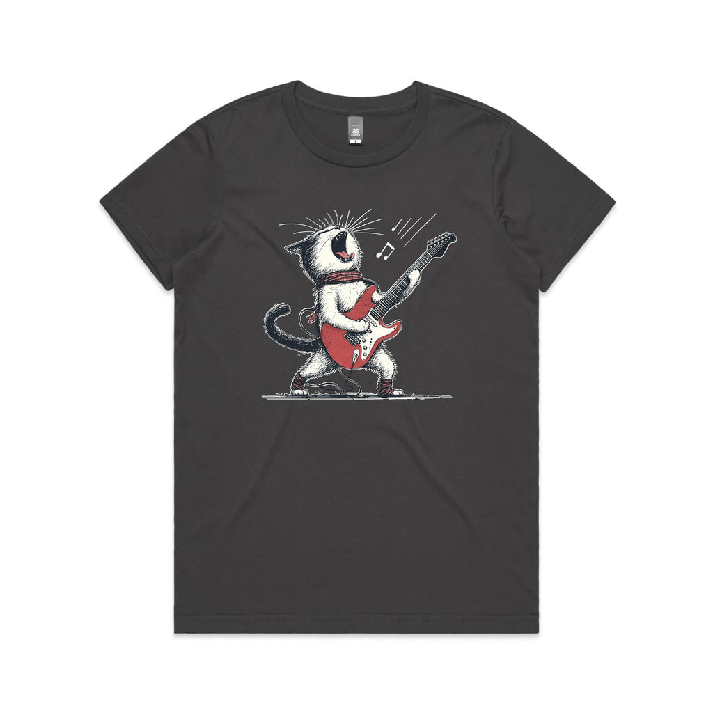 Cat Playing Guitar Women's AS Colour T-shirt Charcoal Womens T-shirt animal Music Printed In Australia