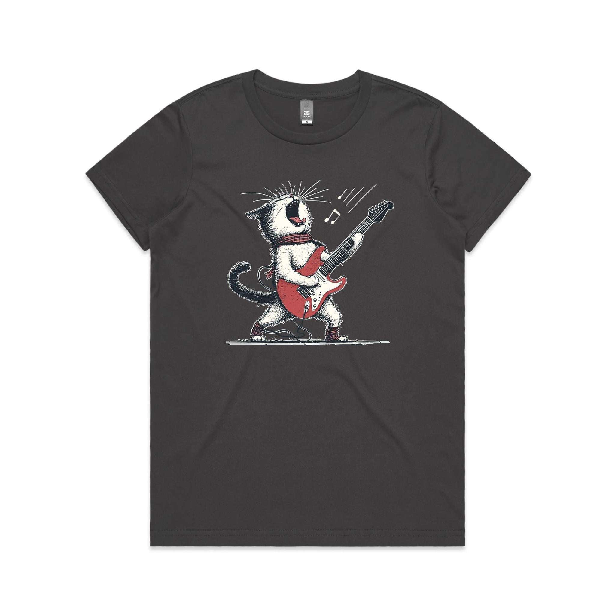 Cat Playing Guitar Women's AS Colour T-shirt Charcoal Womens T-shirt animal Music Printed In Australia