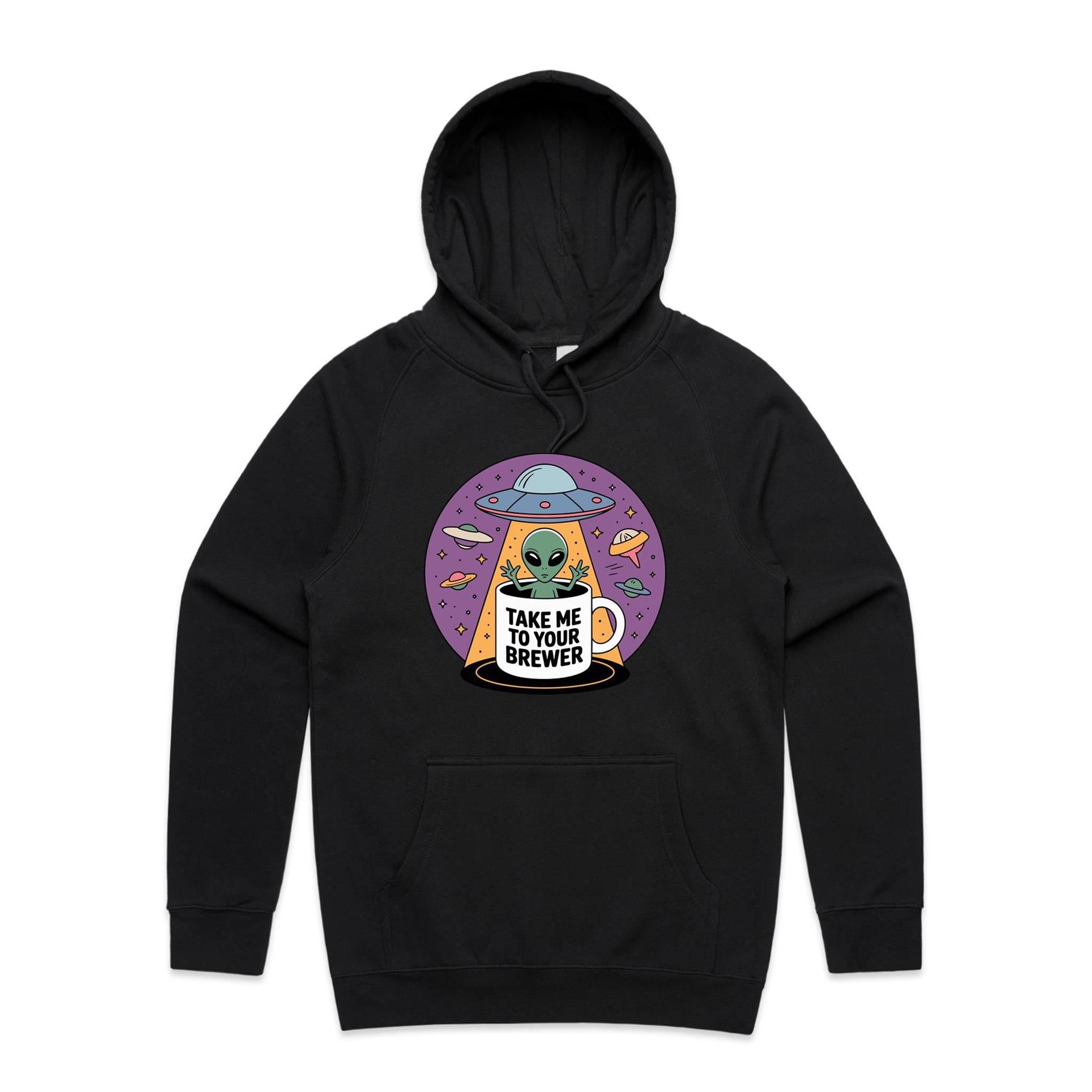 Coffee, Alien, UFO, Take Me To Your Brewer Men's AS Colour Hoodie Black Mens Hoodie Coffee Printed In Australia Sci Fi