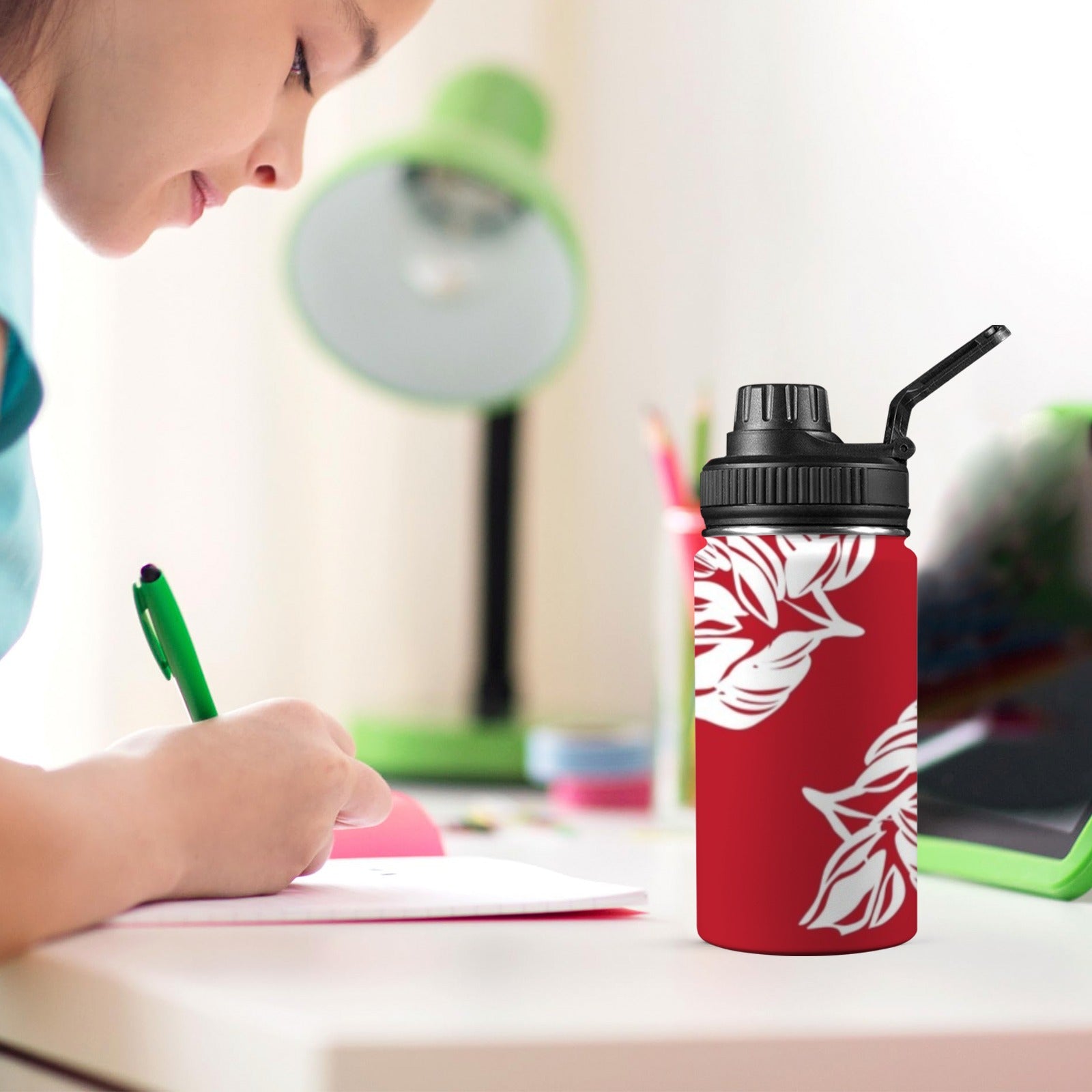 Red Retro Foliage, Hawaiian Flower - Kids Water Bottle with Chug Lid (12 oz) Kids Water Bottle with Chug Lid Printed Offshore Retro Surf