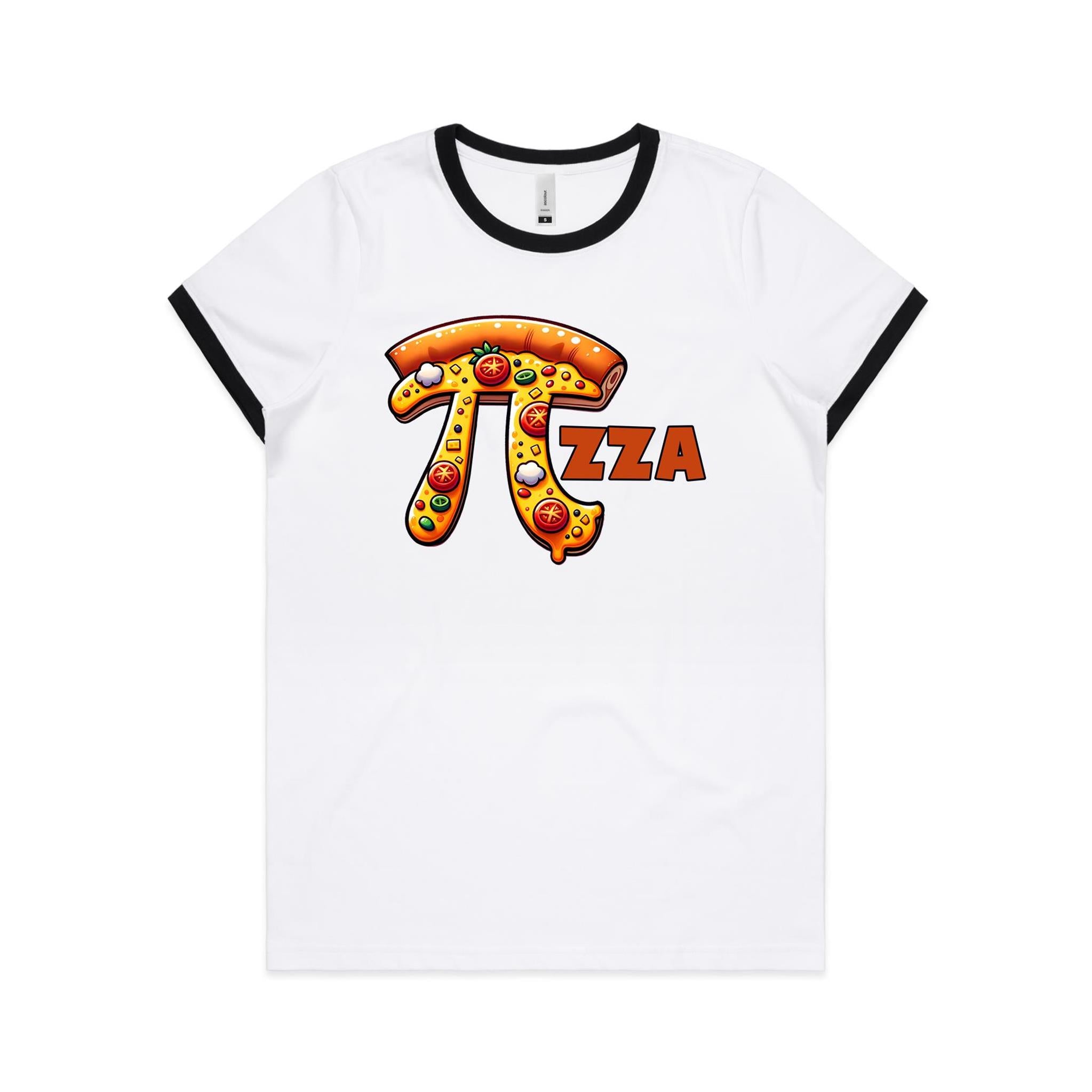 Pi Pizza - Women's Ringer Tee White Black Womens Ringer T-shirt Food Maths Printed In Australia Science