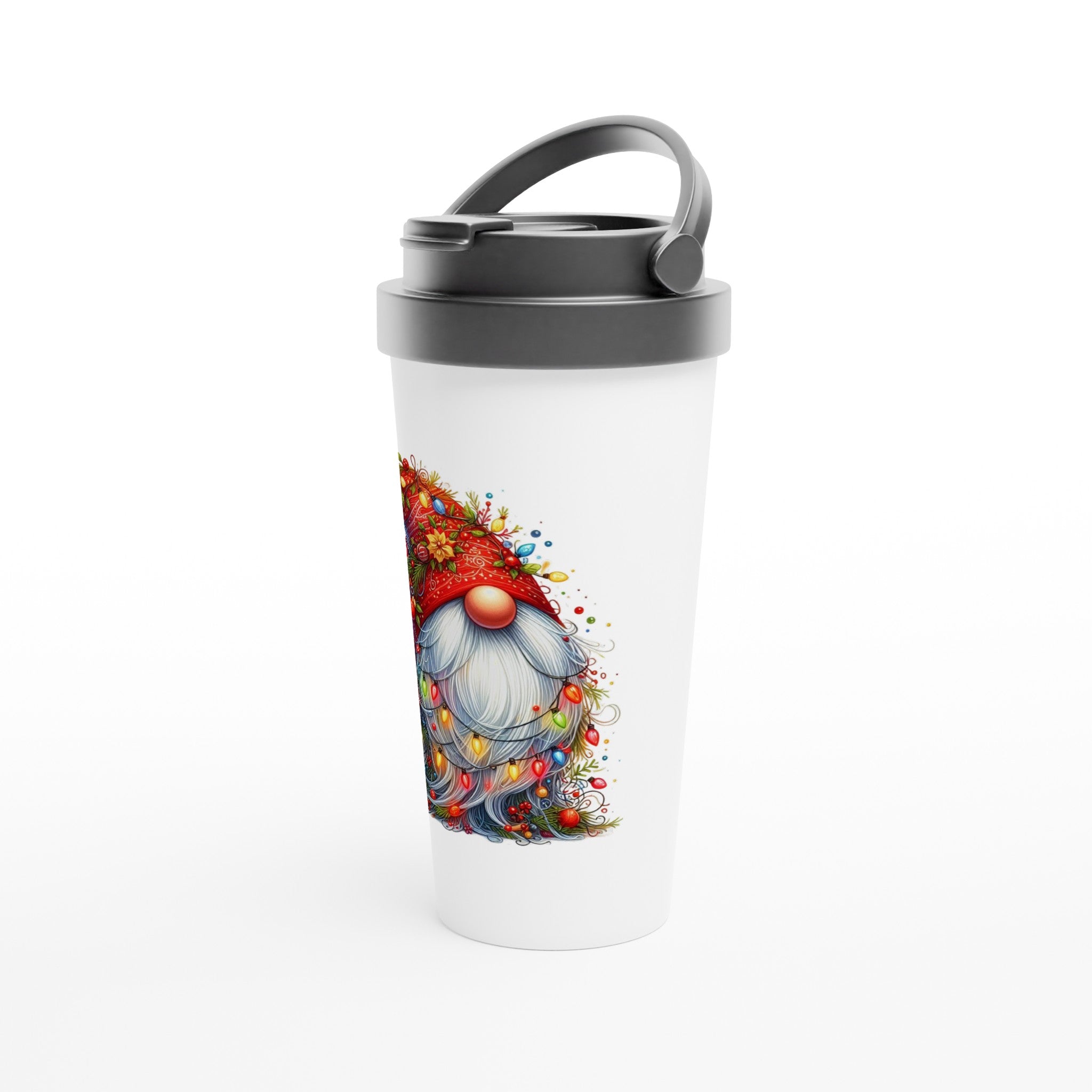 Christmas Gnome Wrapped In Lights - White 15oz Stainless Steel Travel Mug Christmas Travel Mug Christmas Globally Fulfilled