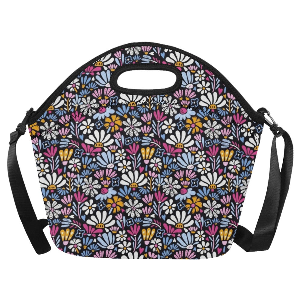 Graphic Flowers On Black Neoprene Lunch Bag/Large (Model 1669) One Size Neoprene Lunch Bag Plants Printed Offshore