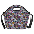 Graphic Flowers On Black Neoprene Lunch Bag/Large (Model 1669) One Size Neoprene Lunch Bag Plants Printed Offshore