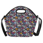 Graphic Flowers On Black Neoprene Lunch Bag/Large (Model 1669) One Size Neoprene Lunch Bag Plants Printed Offshore