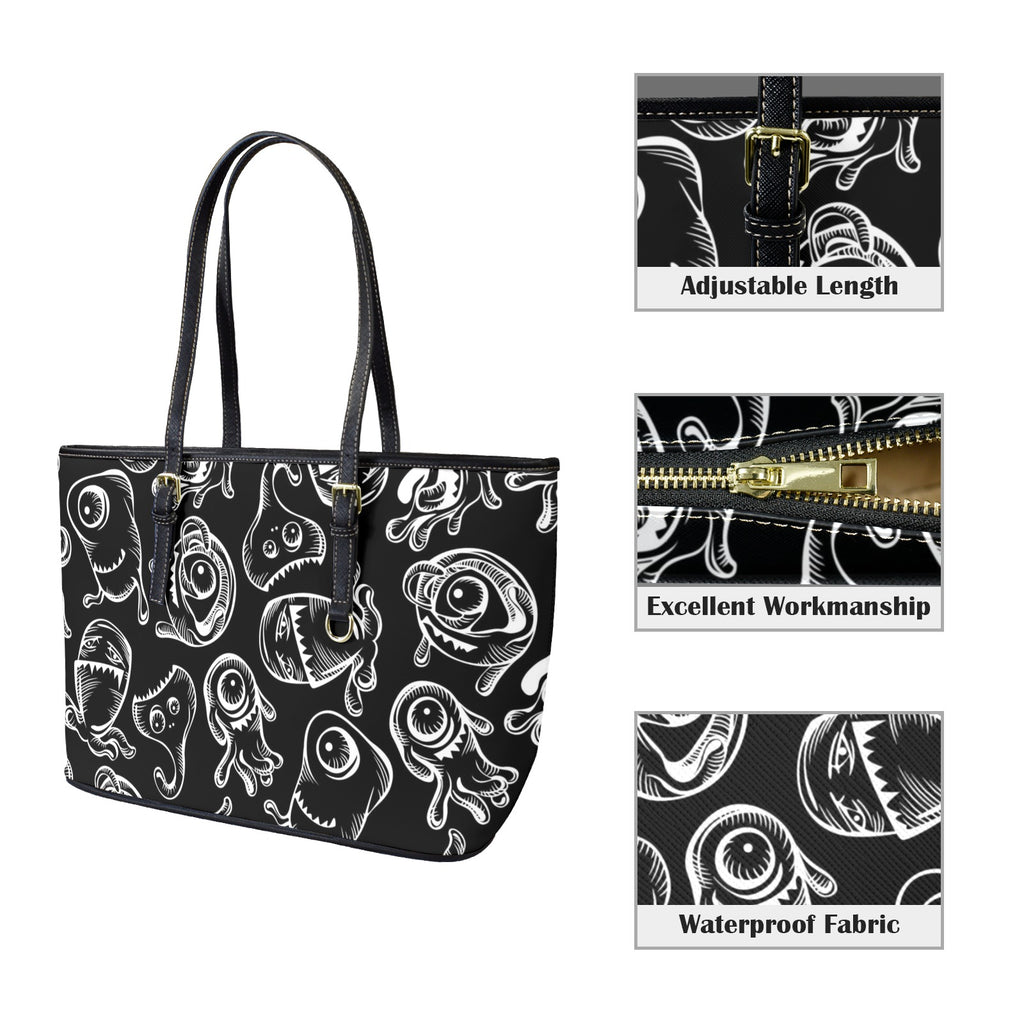 Monsters In Black And White - Leather Tote Bag-Large