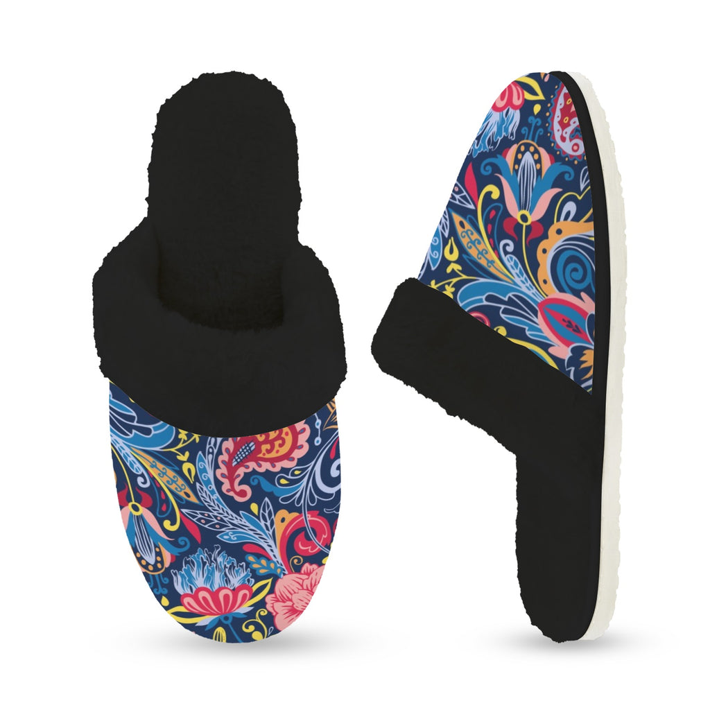 Blue Paisley Women's Fur Trim Thick-Sole Indoor Slippers Women's Fur Trimmed Slippers Printed Offshore