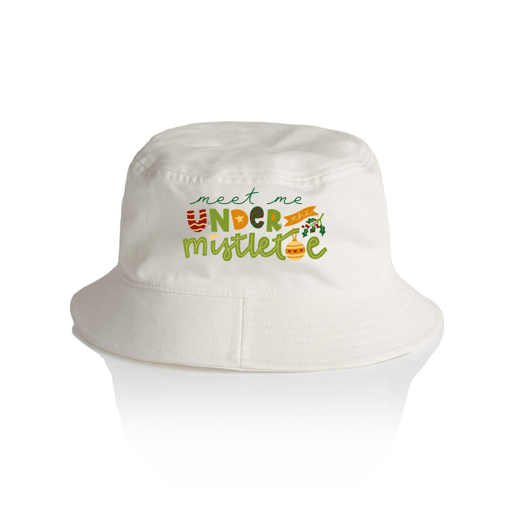 Meet Me Under The Mistletoe - Christmas AS Colour Bucket Hat Ecru One Size Christmas Bucket Hat Christmas Printed In Australia