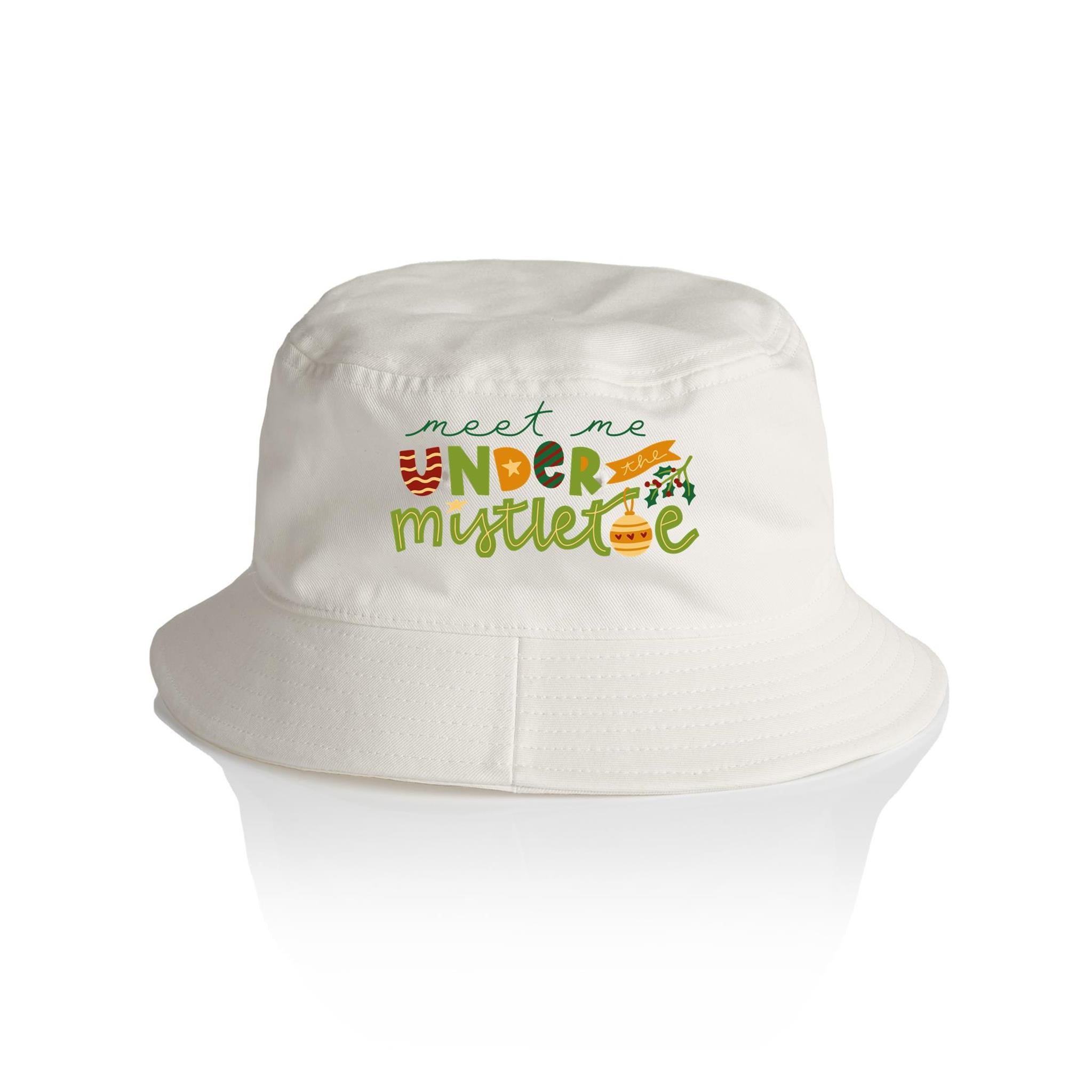 Meet Me Under The Mistletoe - Christmas AS Colour Bucket Hat Ecru One Size Christmas Bucket Hat Christmas Printed In Australia