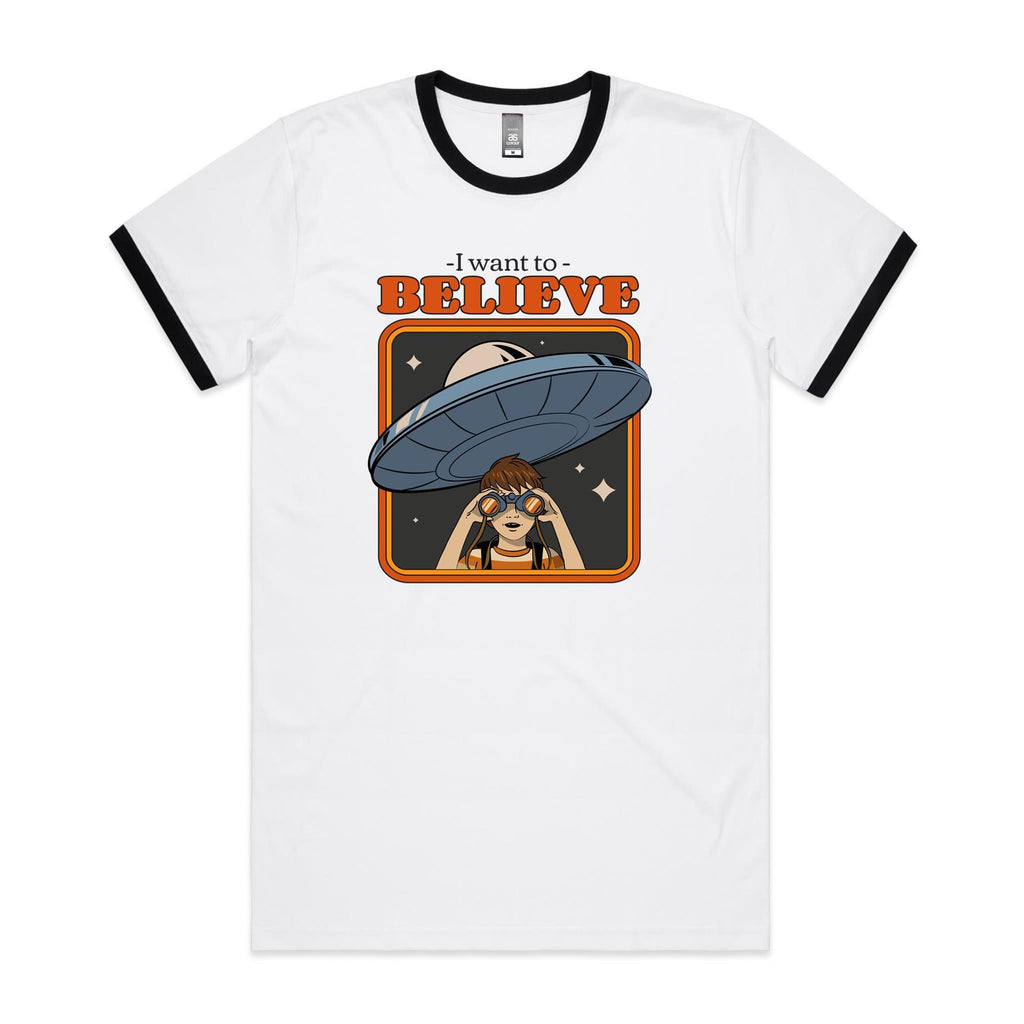 I Want To Believe, UFO - Staple Ringer Tee White Black Ringer T-Shirt Printed In Australia Sci Fi
