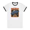 I Want To Believe, UFO Men's AS Colour Ringer Tee White Black Ringer T-Shirt Printed In Australia Sci Fi