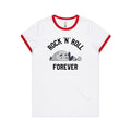 Rock And Roll Forever Women's AS Colour Ringer Tee White Red Womens Ringer T-shirt Music Printed In Australia