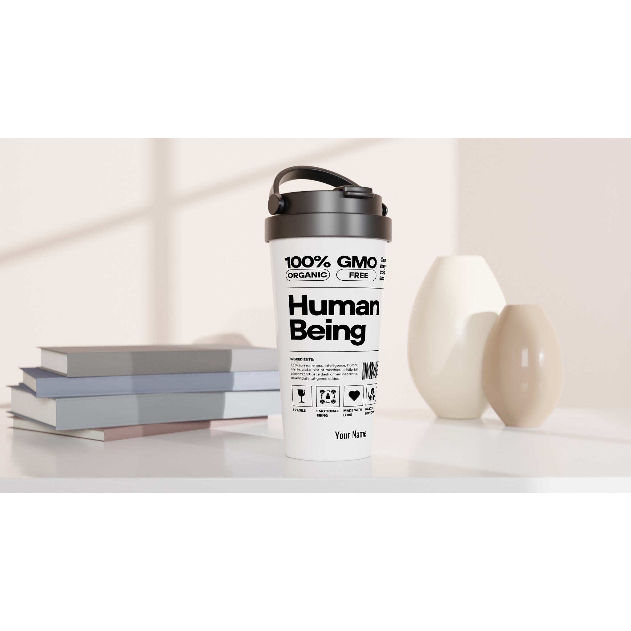 Personalised - Human Being Product Description, Definition - White 15oz Stainless Steel Travel Mug Personalised Travel Mug Customise Funny Globally Fulfilled Personalise