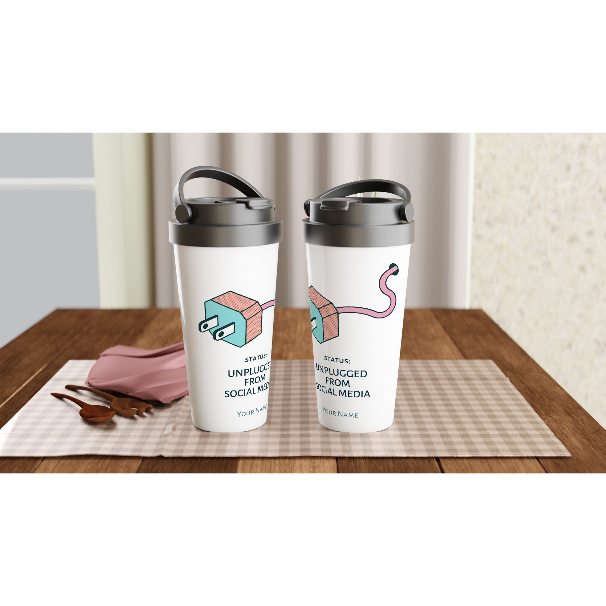 Personalised - Status : Unplugged From Social Media - White 15oz Stainless Steel Travel Mug Personalised Travel Mug Globally Fulfilled