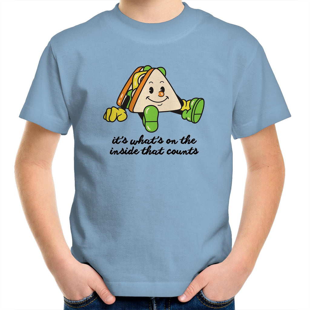 Sandwich, It's What's On The Inside That Counts - Kids Youth T-Shirt Carolina Blue Kids Youth T-shirt Food Positivity Printed In Australia