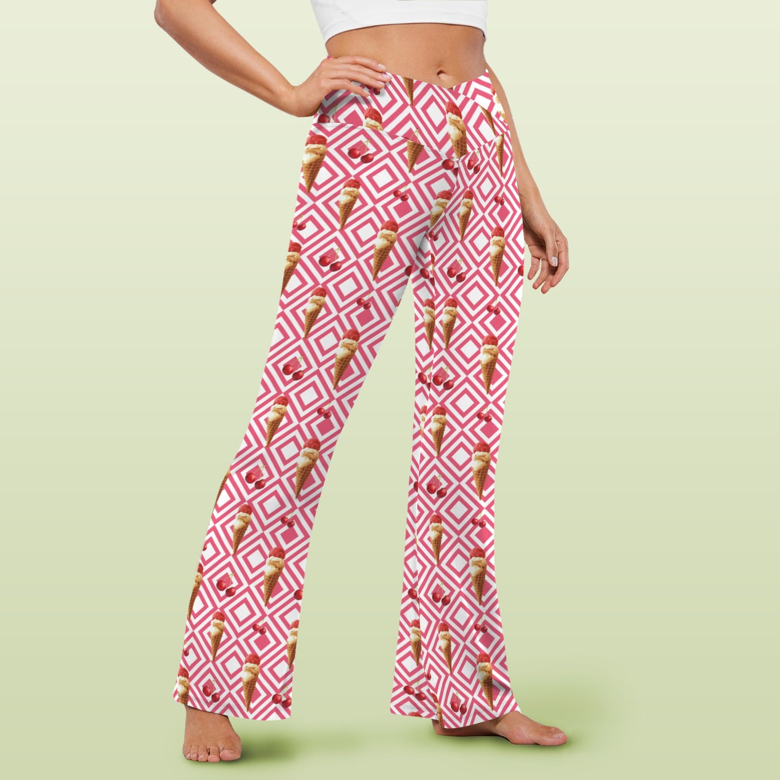 Cherry Ice-cream High Waist Crossover Tummy Control Flare Leggings High Waist Flare Leggings Food Printed Offshore
