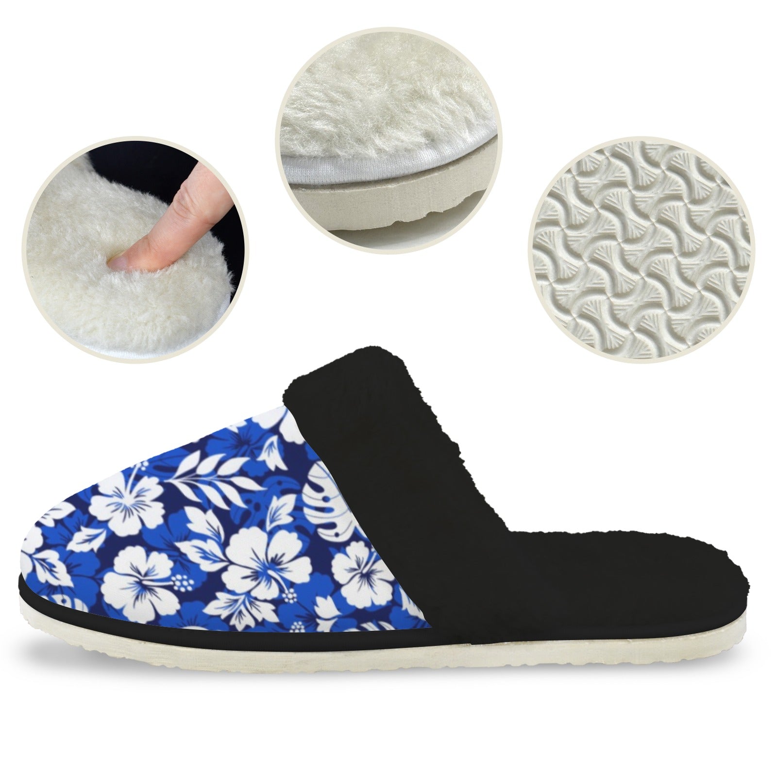 Blue Hawaiian Floral Women's Fur Trim Thick-Sole Indoor Slippers Women's Fur Trimmed Slippers Plants Printed Offshore