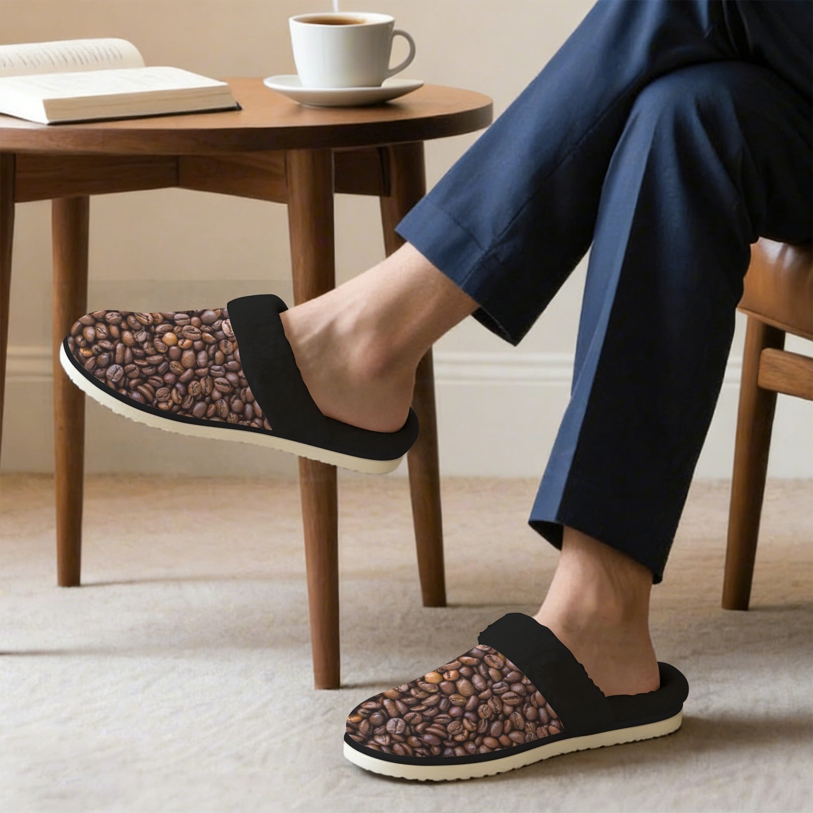 Coffee Beans - Men's Fur Trim Thick-Sole Indoor Slippers Men's Fur Trimmed Slippers Coffee Printed Offshore