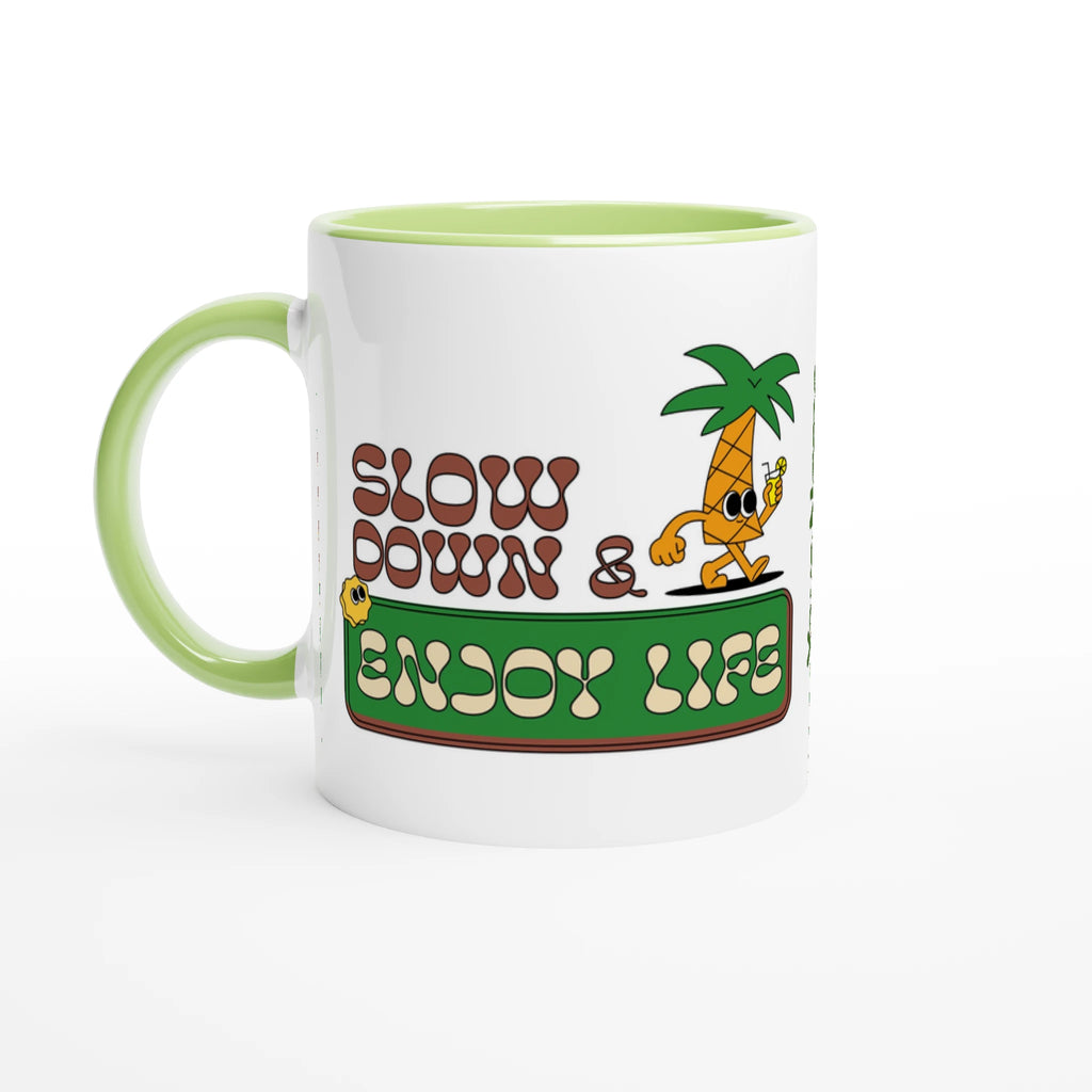 Personalise - Slow Down And Enjoy Life - White 11oz Ceramic Mug Ceramic Green Personalised Mug customise Globally Fulfilled personalise Retro