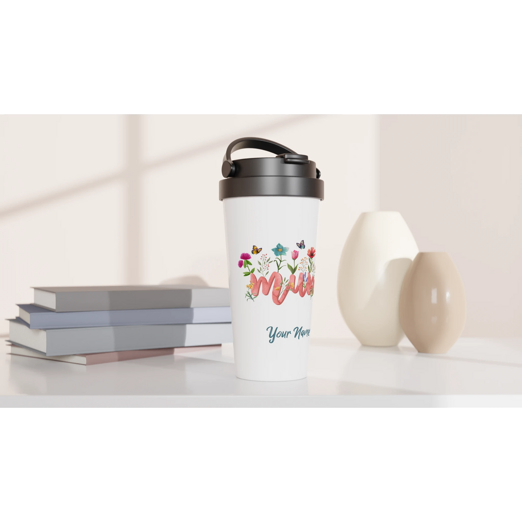 Personalised Mum With Flowers And Butterflies White 15oz Stainless Steel Travel Mug Personalised Travel Mug Globally Fulfilled Mum