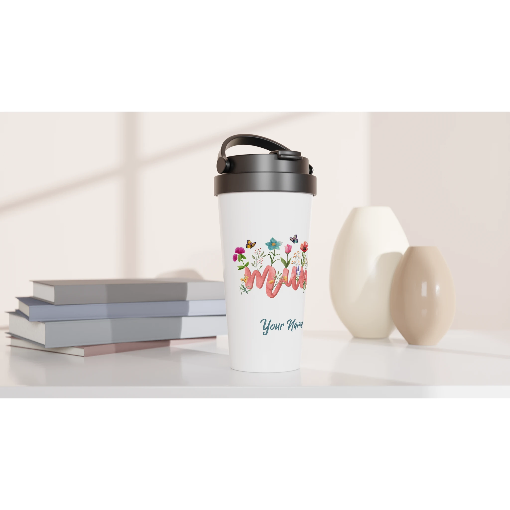 Personalised - Mum With Flowers And Butterflies - White 15oz Stainless Steel Travel Mug Personalised Travel Mug Globally Fulfilled Mum