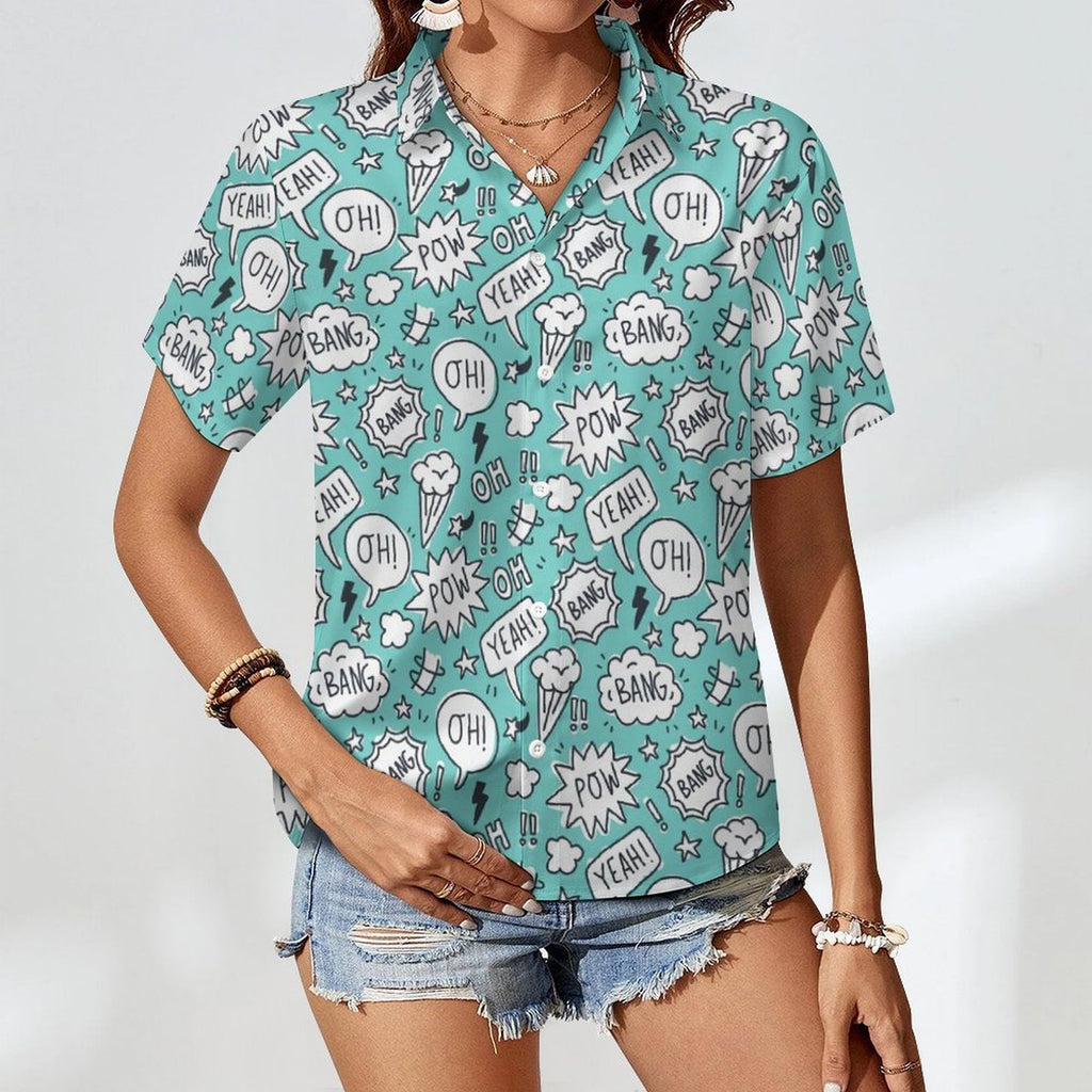 Comic Book Speech Bubbles Women's Collared Pocketless Short Sleeve Shirt