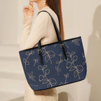 Gold Flowers On Navy - Leather Tote Bag-Large