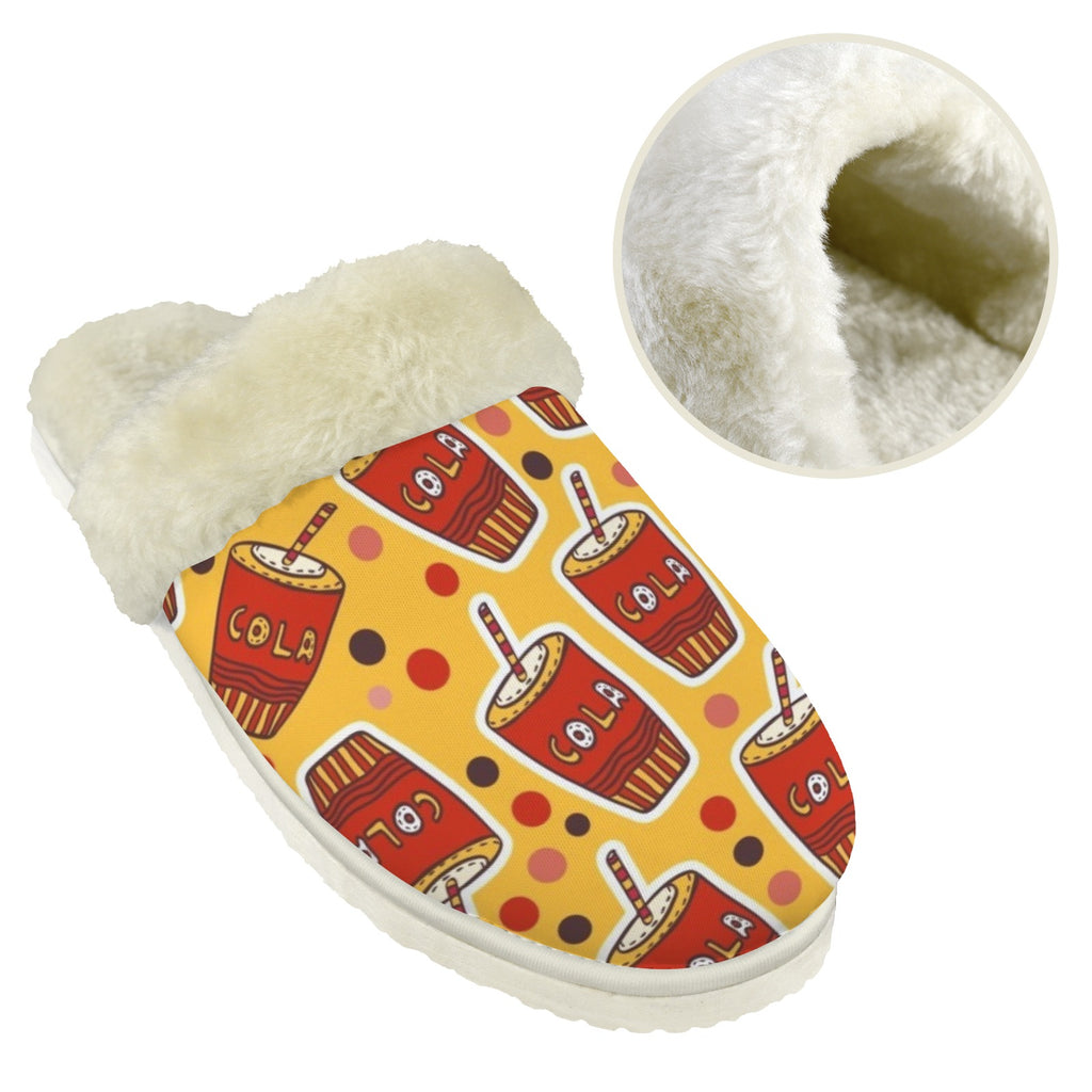 Cola Men's Fur Trim Thick-Sole Indoor Slippers Men's Fur Trimmed Slippers Food Printed Offshore