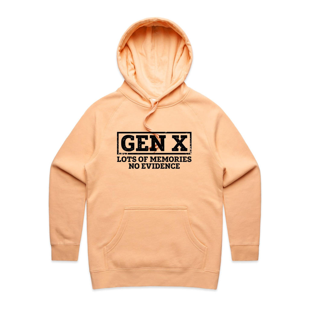 Gen X, Lots Of Memories, No Evidence Women's AS Colour Hoodie Peach Womens Hoodie Printed In Australia