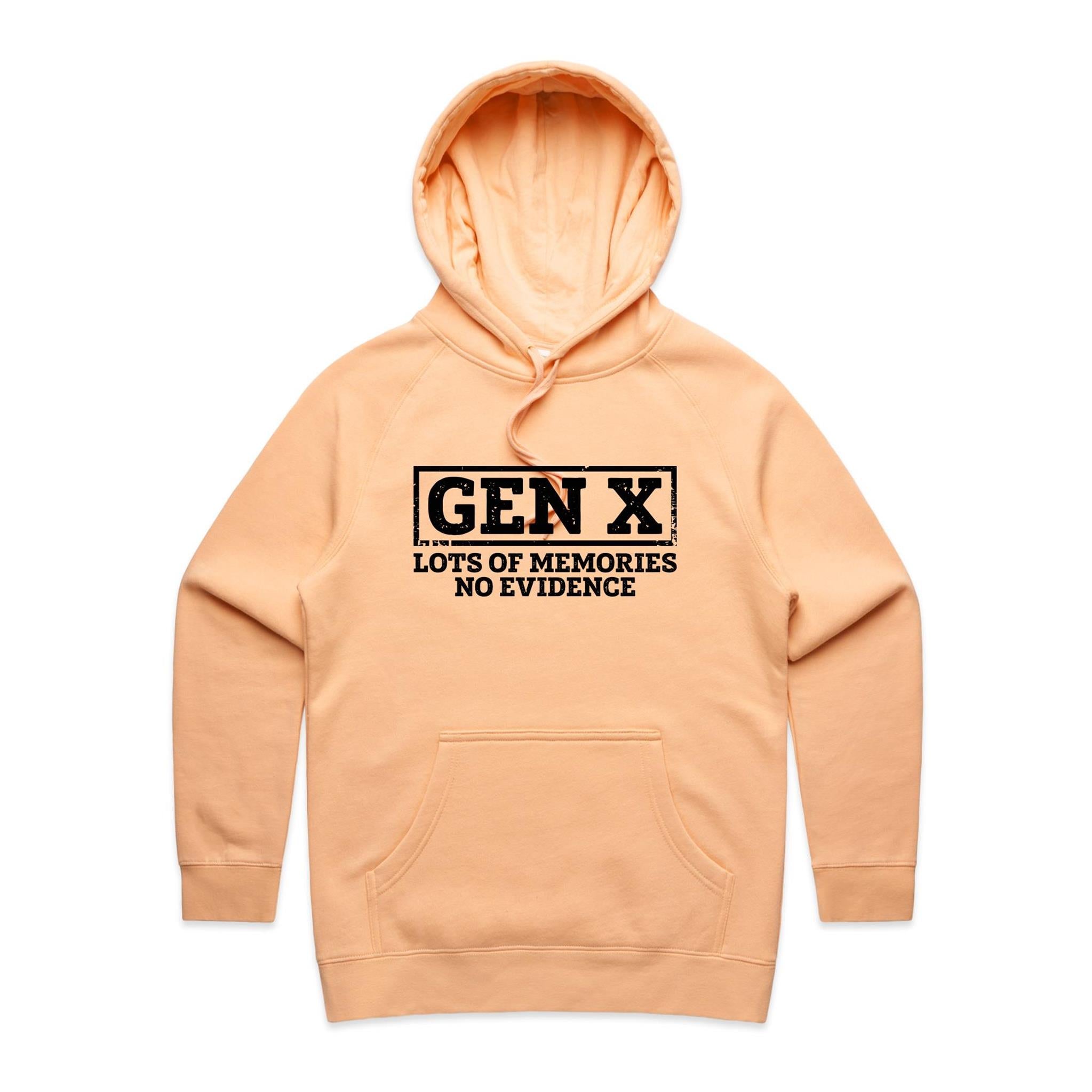 Gen X, Lots Of Memories, No Evidence - Womens Hoodie Peach Womens Hoodie Printed In Australia