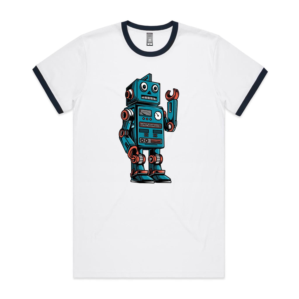 Robot - Staple Ringer Tee White Navy Ringer T-Shirt Printed In Australia Sci Fi Tech
