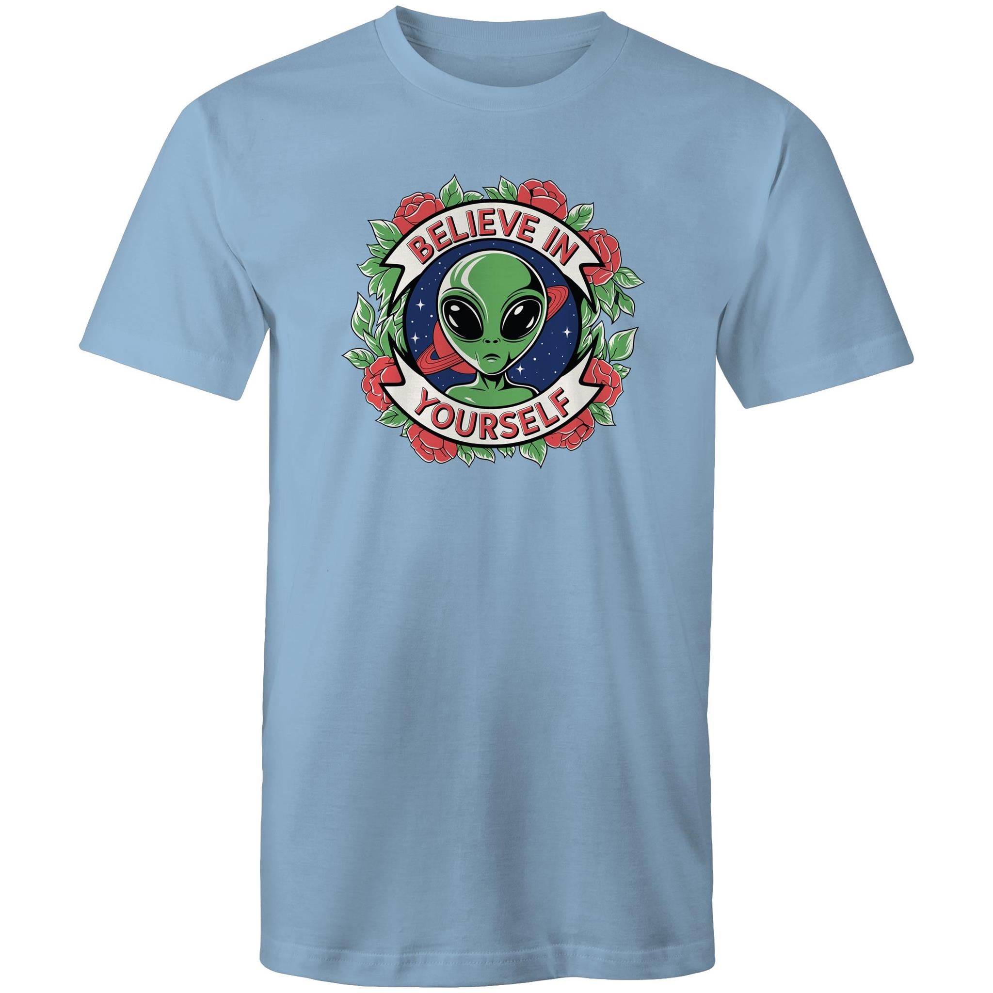 Believe In Yourself, Alien - Mens T-Shirt Carolina Blue Mens T-shirt Motivation Positivity Printed In Australia Sci Fi