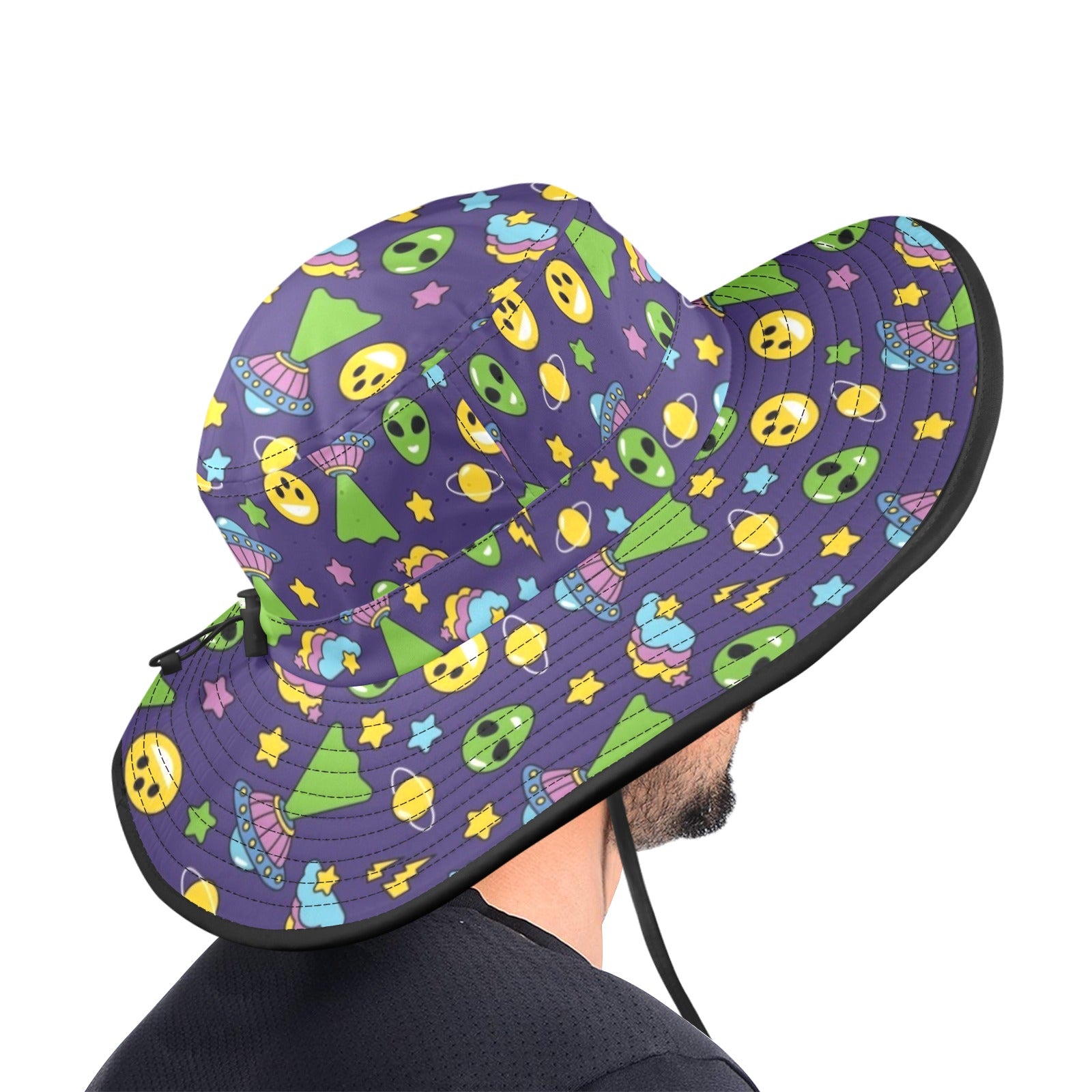 Groovy Alien And UFO Wide Brim Bucket Hat Wide Brim Bucket Hat Printed Offshore Sci Fi