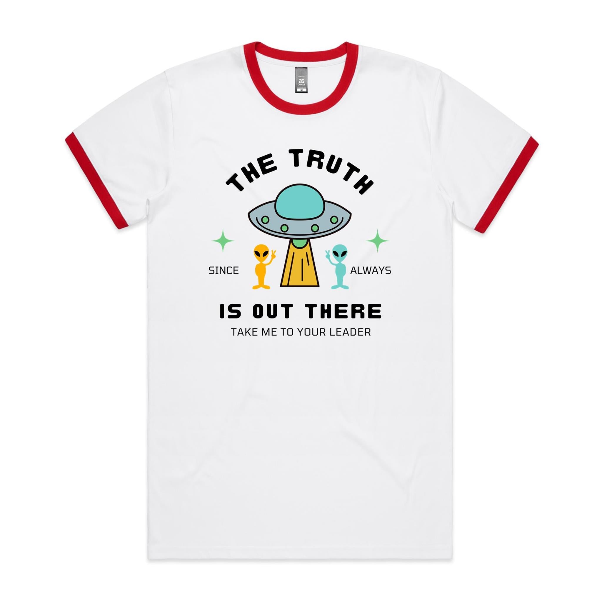The Truth Is Out There, Alien, UFO - Staple Ringer Tee White Red Ringer T-Shirt Printed In Australia Sci Fi