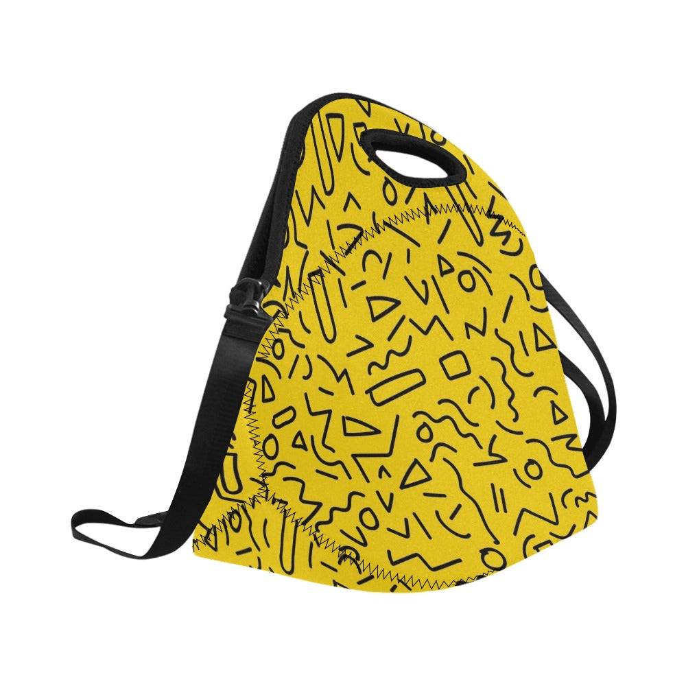 Black Squiggle On Yellow Neoprene Lunch Bag/Large (Model 1669) Neoprene Lunch Bag Printed Offshore