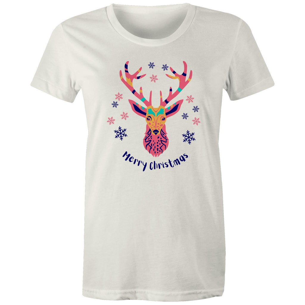 Merry Christmas Deer - Womens T-shirt Natural Womens Christmas T-shirt Christmas Printed In Australia