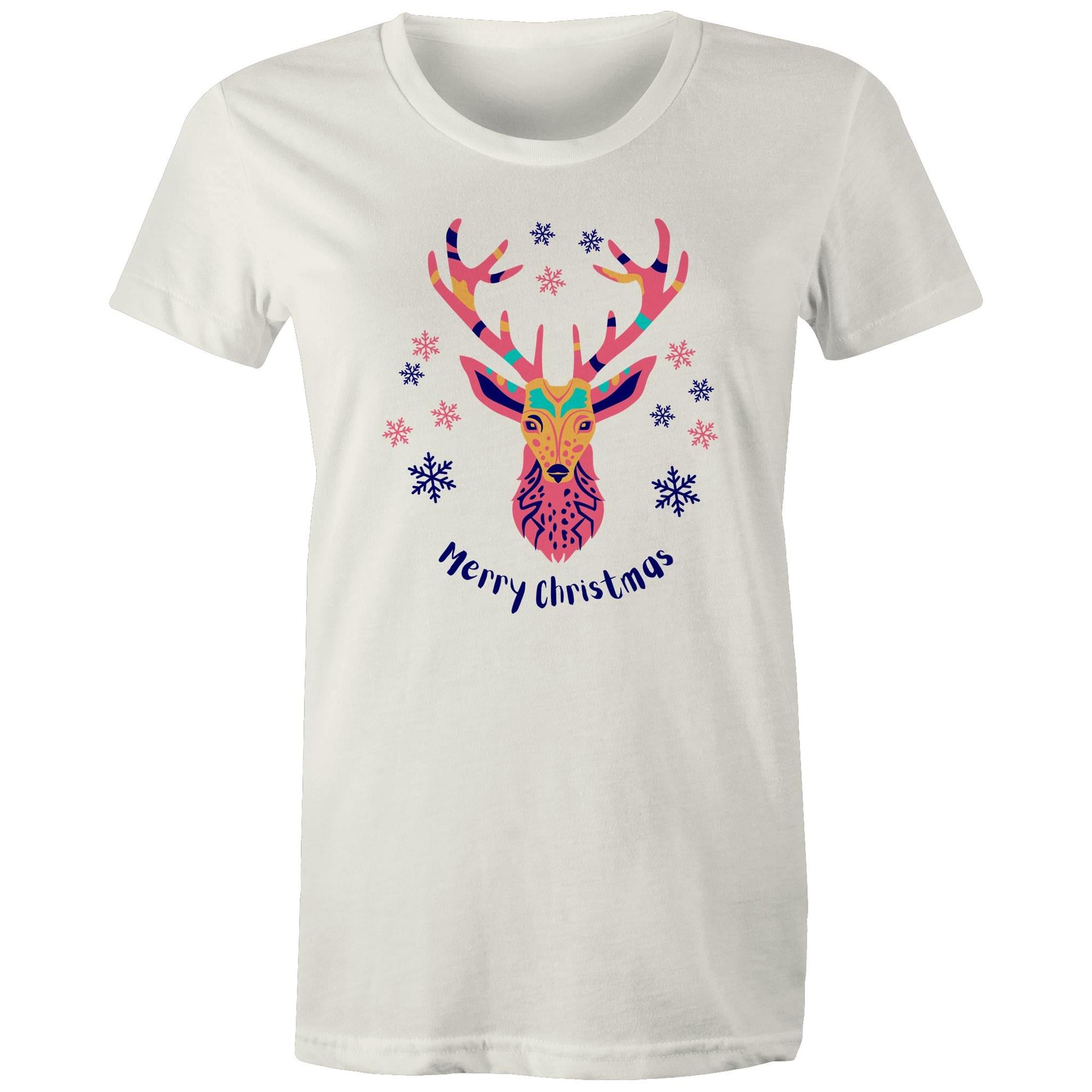 Merry Christmas Deer - Womens T-shirt Natural Womens Christmas T-shirt Christmas Printed In Australia
