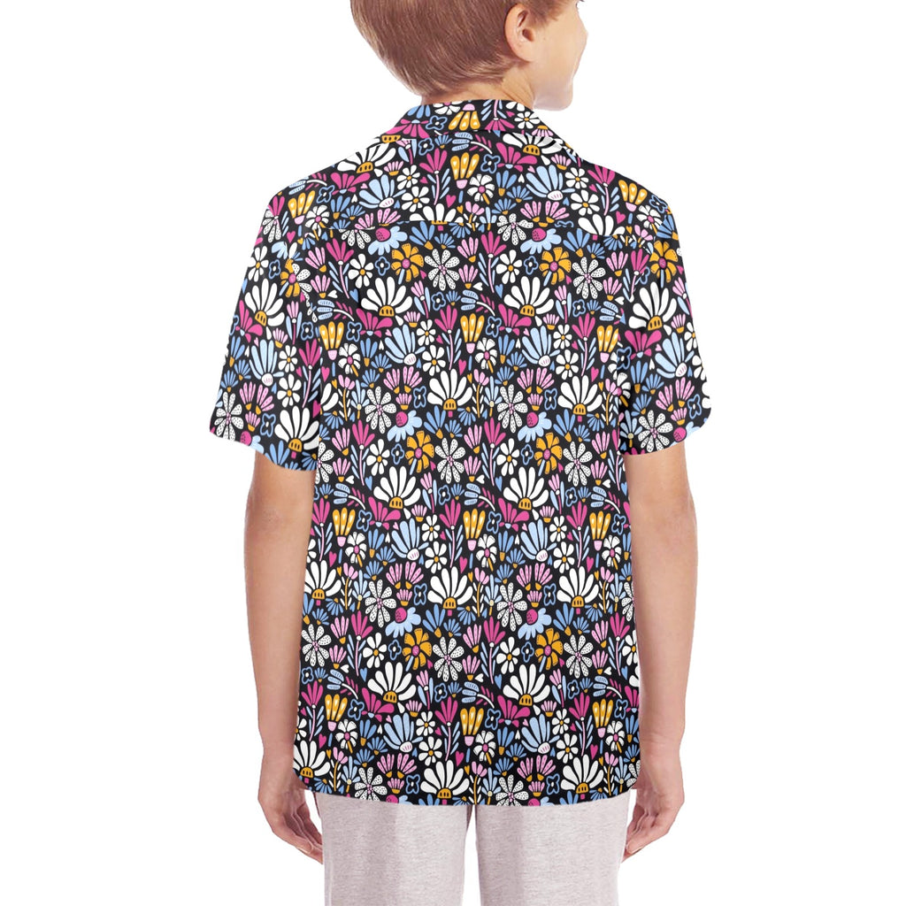 Graphic Flowers On Black Senior Kids Hawaiian Shirt