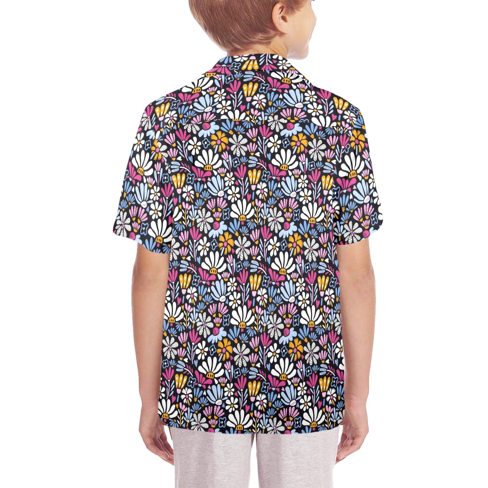 Graphic Flowers On Black Senior Kids Hawaiian Shirt