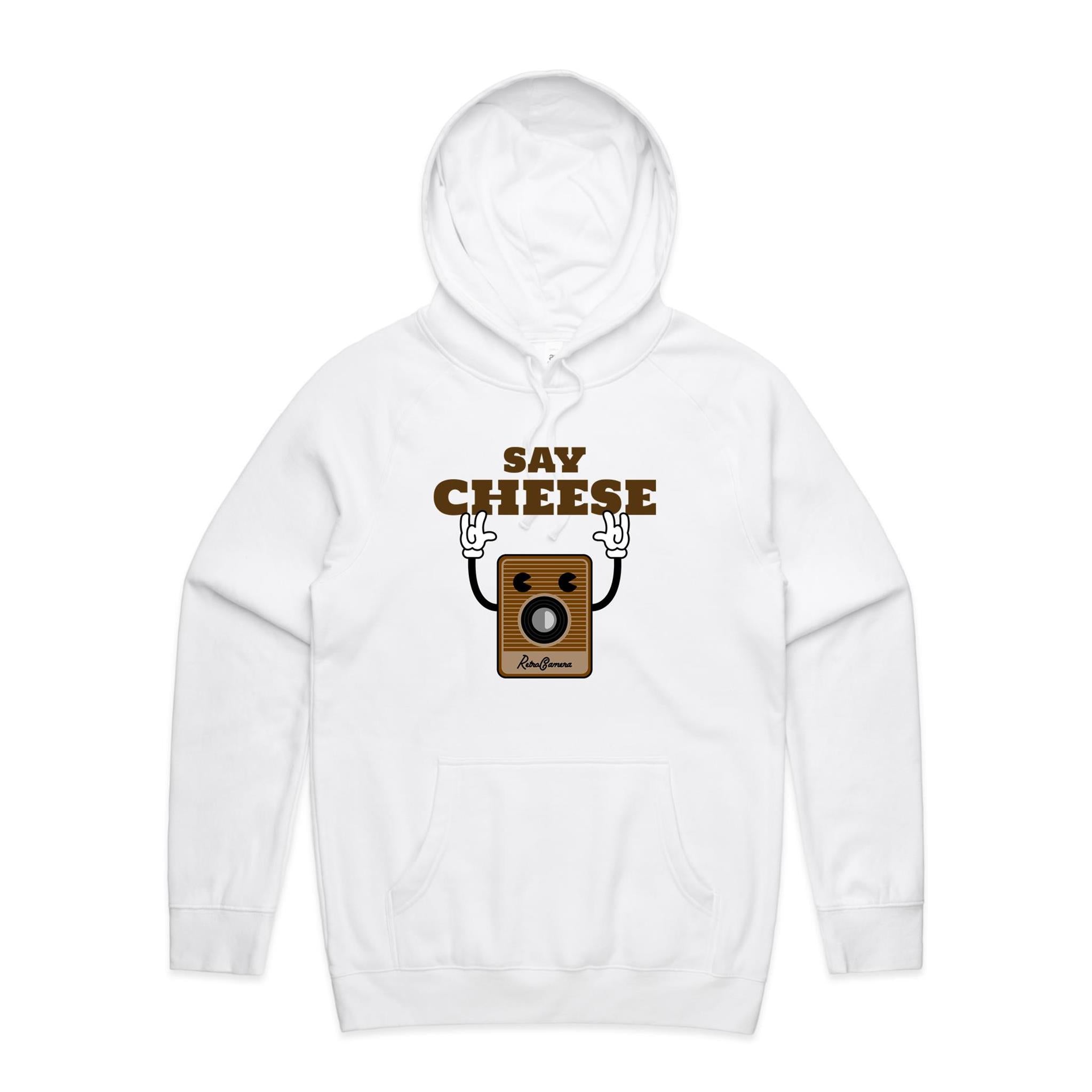 Say Cheese, Retro Camera - Mens Hoodie White Mens Hoodie Printed In Australia Retro