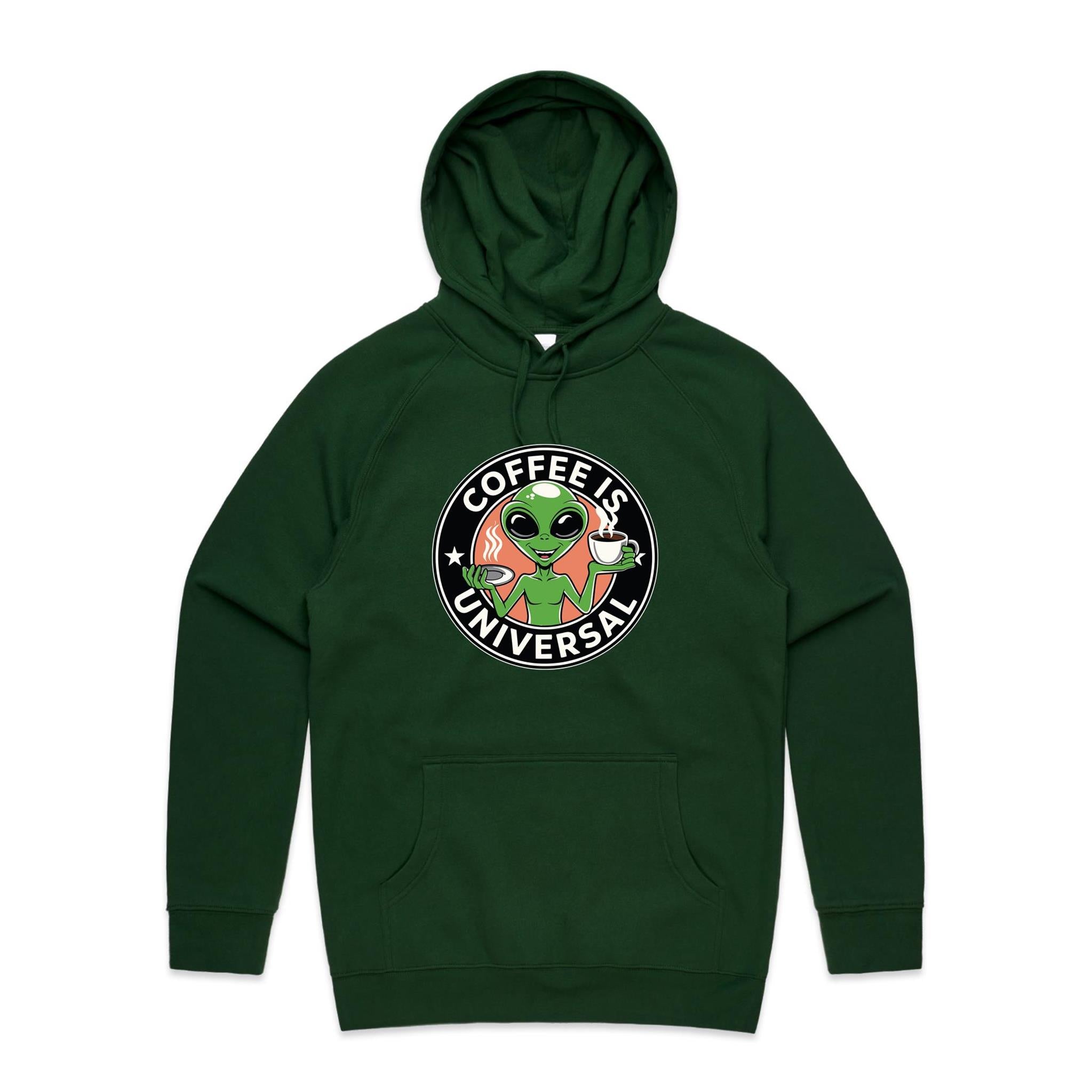 Coffee Is Universal, Alien - Mens Hoodie Forest Green Mens Hoodie Coffee Printed In Australia Sci Fi